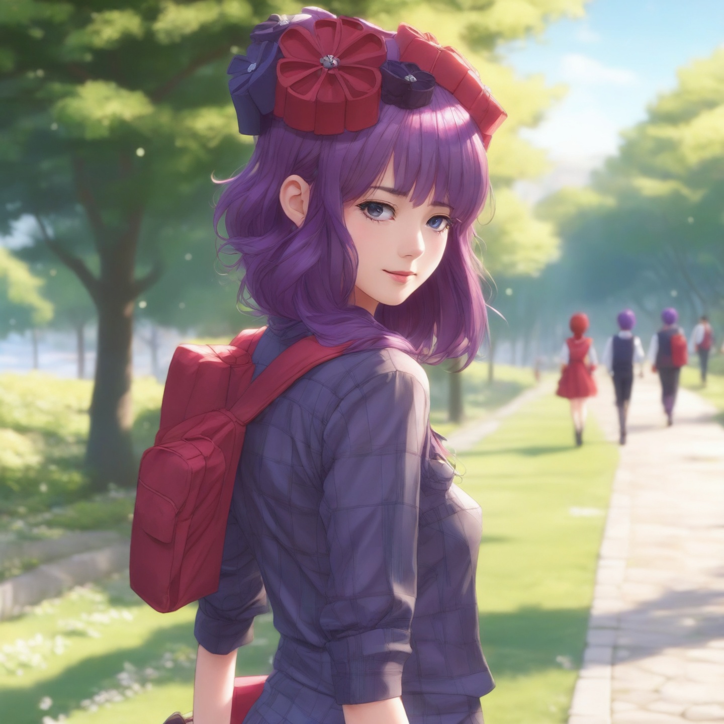 Masterpiece, ultra-detailed, highest quality, <lora:hokusai:1>1girl, katsushika hokusai,Purple hair,Walking on a park path in civilian clothes, close up, close-up of upper body,Anime, Illustration
