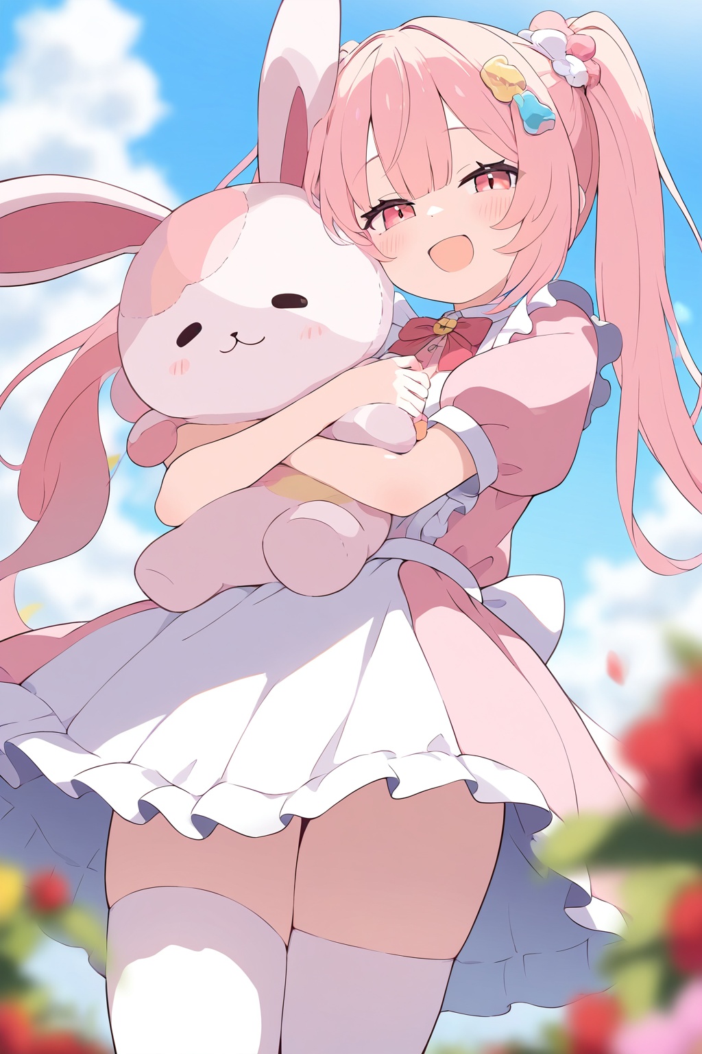 masterpiece,best quality,masterpiece,best quality,amazing quality,very aesthetic,absurdres,newest, 1girl,solo,long_hair,dress,hair_ornament,twintails,looking_at_viewer,smile,thighhighs,pink_hair,pink_dress,stuffed_toy,frilled_dress,white_thighhighs,frills,sky,hugging_object,stuffed_animal,blush,cloud,outdoors,short_sleeves,very_long_hair,blue_sky,puffy_sleeves,blurry,open_mouth,:d,flower,day,depth_of_field,stuffed_rabbit,blurry_foreground,puffy_short_sleeves,