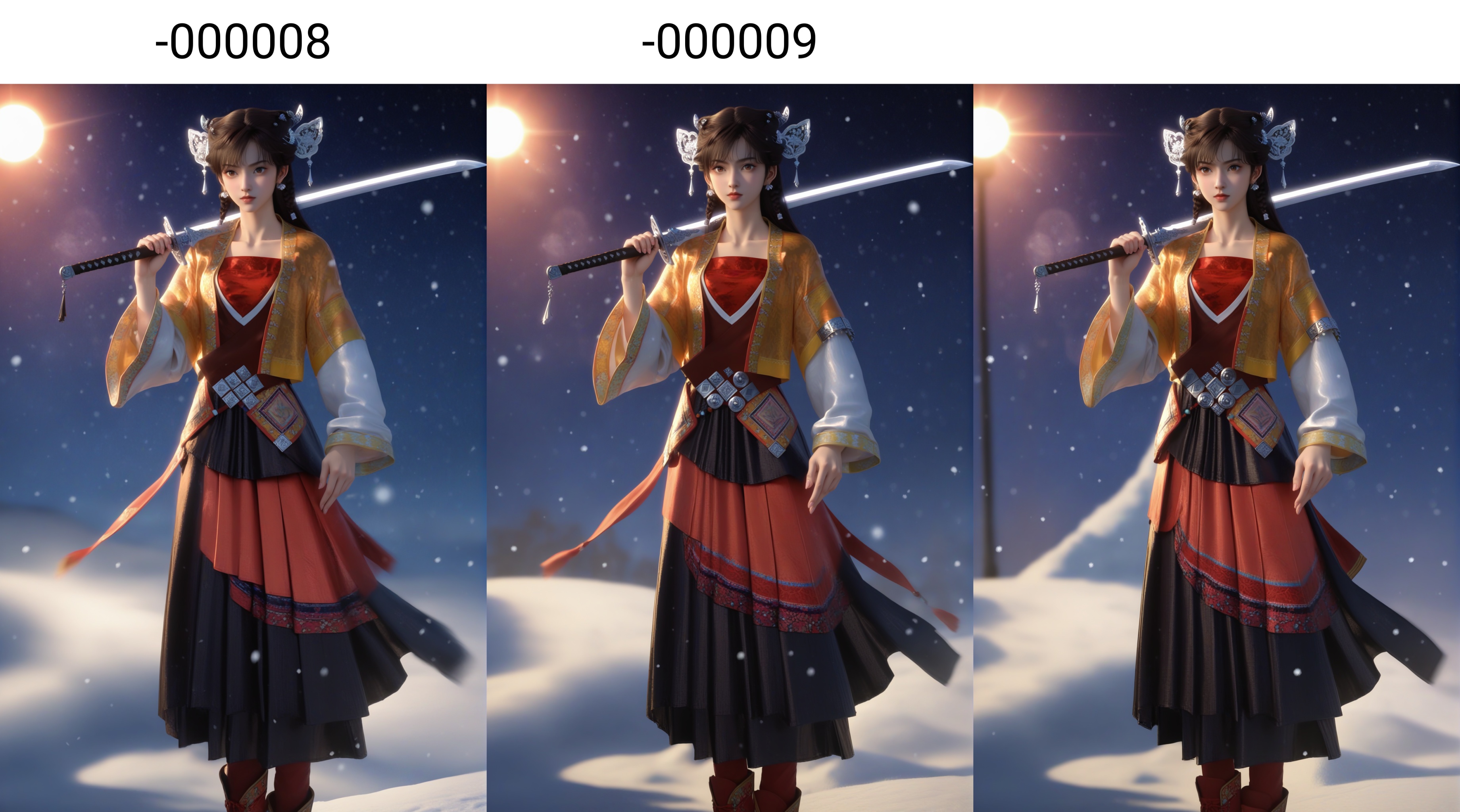 (score_9),xuejian,<lora:雪见-pony-000008:0.83>,1girl,solo,dangling tassels,filigree design,butterfly-shaped hairpiece,silver hairpins,hair ornament,dark brown hair,pearl beads,pearl earrings,twin braids,long hair,light blush,brown eyes,layered_dress,short jacket,red tube top,puffed sleeves,white inner sleeves,waist belt,embroidered cuffs,red skirt,traditional chinese footwear,standing,(pleated skirt),black skirt,red long_skirt,black short_skirt,collarbone,weapon,sword,holding weapon,holding,holding sword,snow,snowing,snowflakes,simple background,black background,rim light,Volumetric Lighting,lens flare,Tyndall effect,depth of field,bokeh,sparkle,moon,star \(sky\),purple sky,