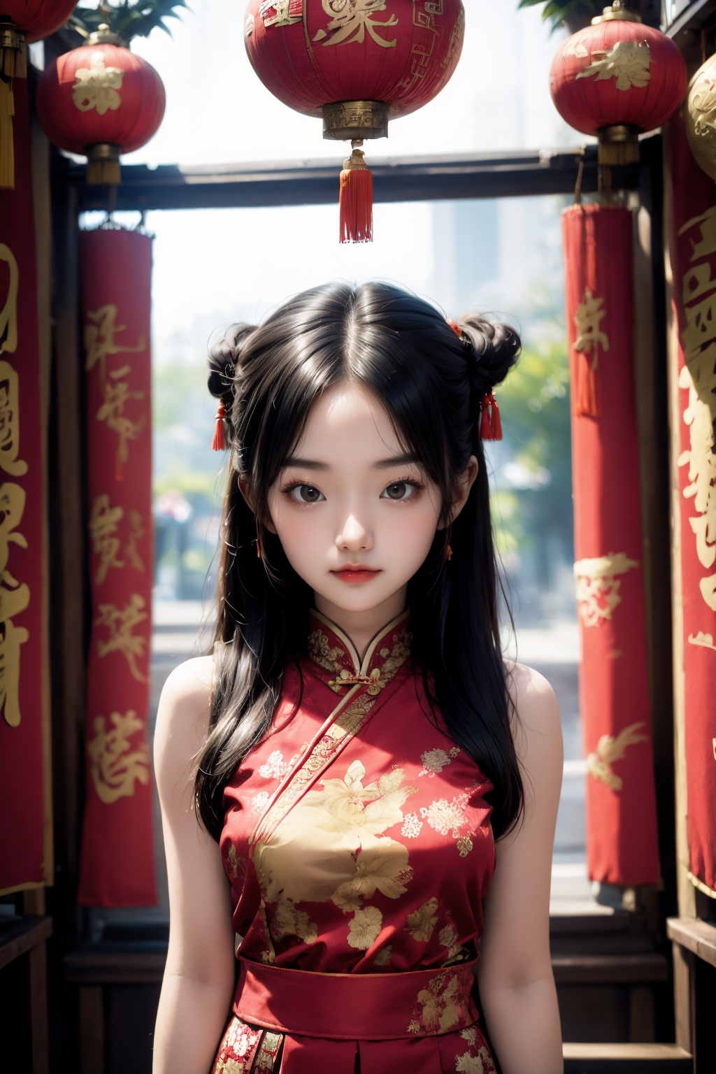 <lora:ChineseNewYear:0.8>, chinese new year, girl, (smirk:0.2), long hair, arms at sides
