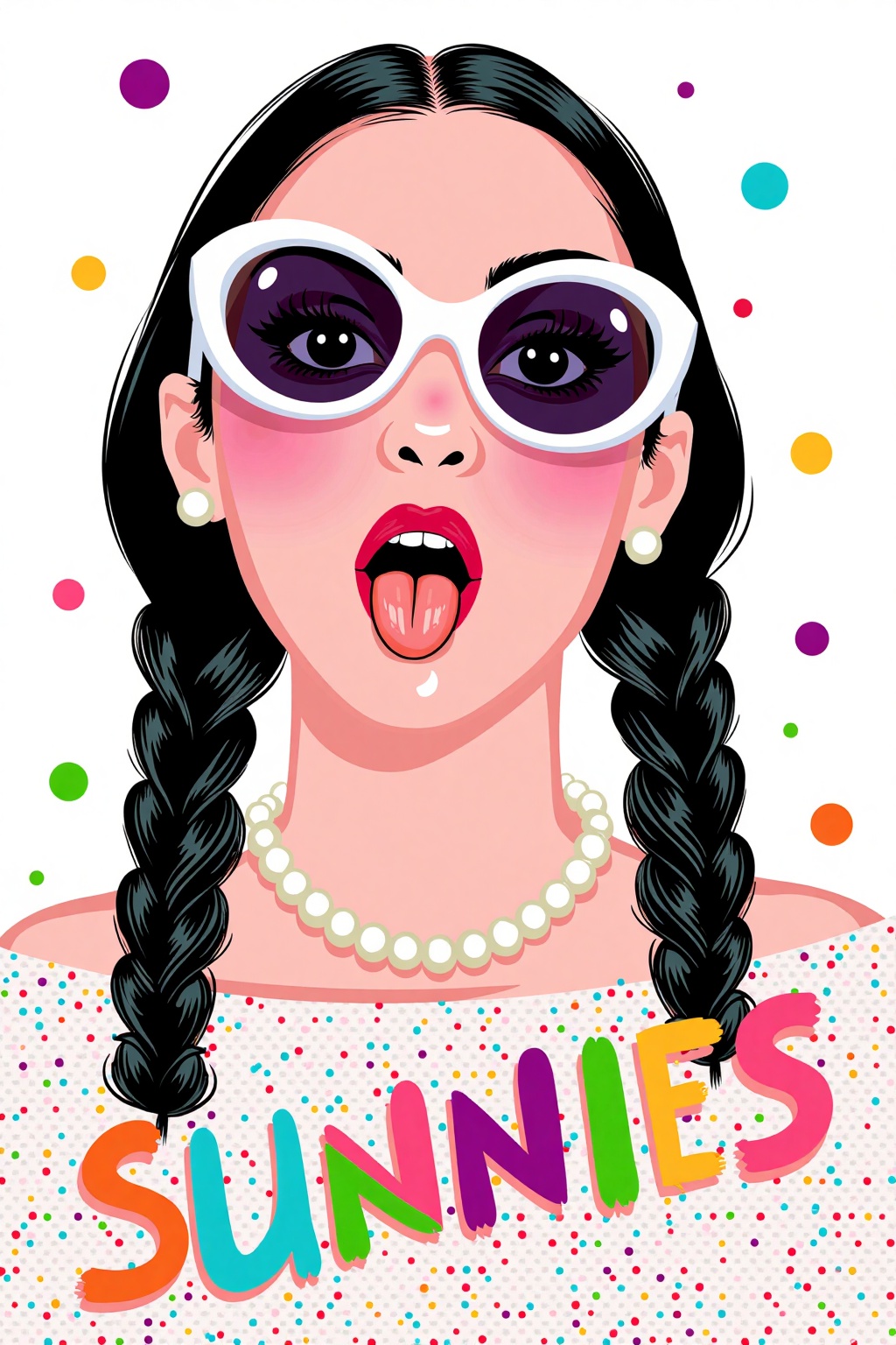 A vibrant digital illustration of a stylized woman with exaggerated features,large white sunglasses,and a pearl necklace. She has long,braided black hair,a pink complexion,and a playful expression with her tongue out. The background is white with colorful polka dots and the word "SUNNIES" in bold,colorful letters,