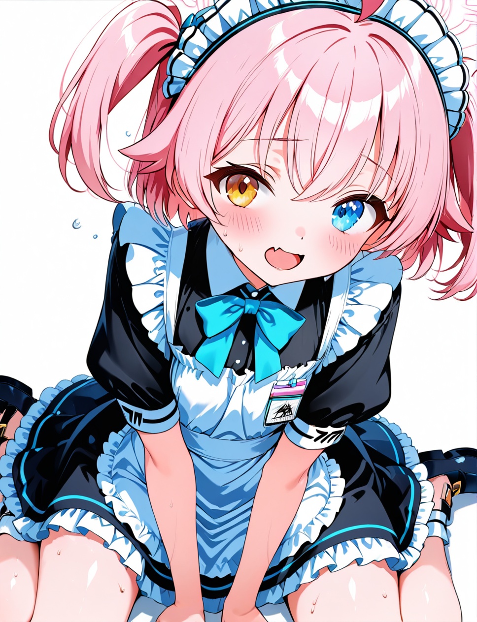 hoshino (blue archive),O,1girl, solo, heterochromia, apron, maid headdress, ahoge, halo, hoshino (blue archive), blush, pink hair, fang, maid, yellow eyes, short hair, blue eyes, open mouth, sitting, white background, dress, short sleeves, bow, maid apron, sweat, simple background, frills, looking at viewer, black dress, white apron, puffy sleeves, alternate costume, bangs, frilled apron, bowtie, enmaided, hair between eyes, skin fang, alternate hairstyle, wariza, blue bow,(UHD),anatomically correc,ccurate,textured skin,super detail,high details,award winning,best quality,high quality,retina,16k,HD,1080P,8k,