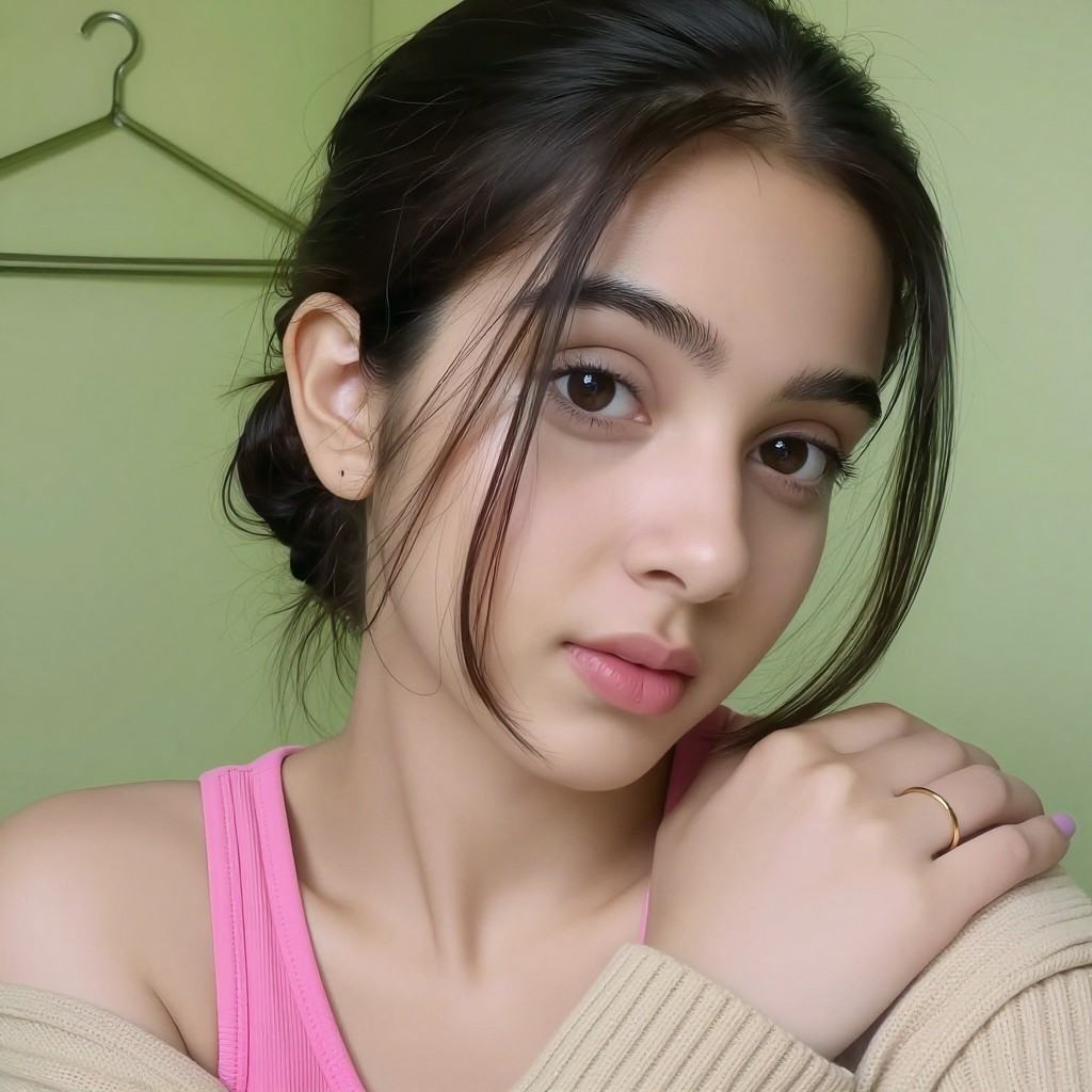 a close-up shot of a young Indian_woman with dark brown eyes and dark brown hair. She is wearing a beige sweater,  a pink...