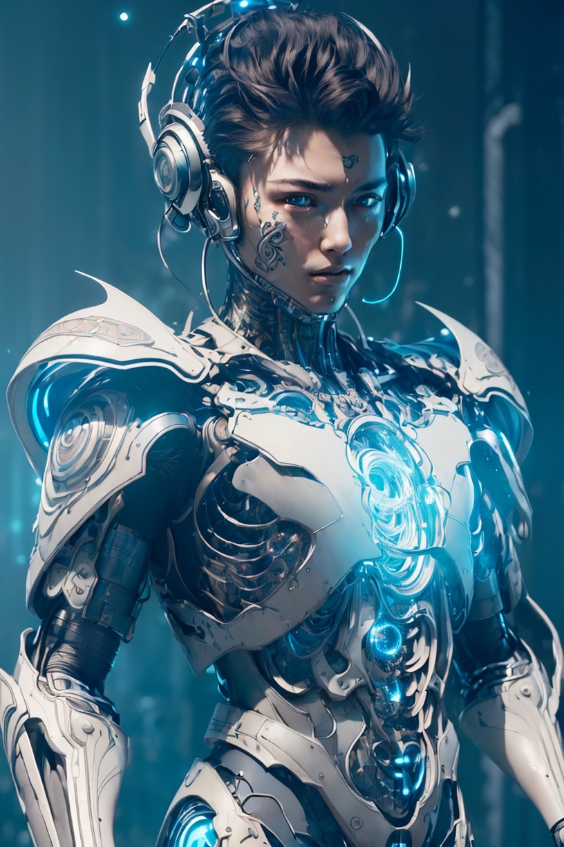 (((masterpiece, best quality, illustration, finely detail))),((extremely detailed cg unity 8k wallpaper, highres)),(beautiful detailed face and eyes and hair:1.1),amazing,1boy,arms_around_neck,solo,(full body), (mecha),(Cyberpunk:1.3),<lora:不是青花瓷第三代-但是机甲:0.5>,(Luminescent particle:1.5),,high saturation,low brightness,