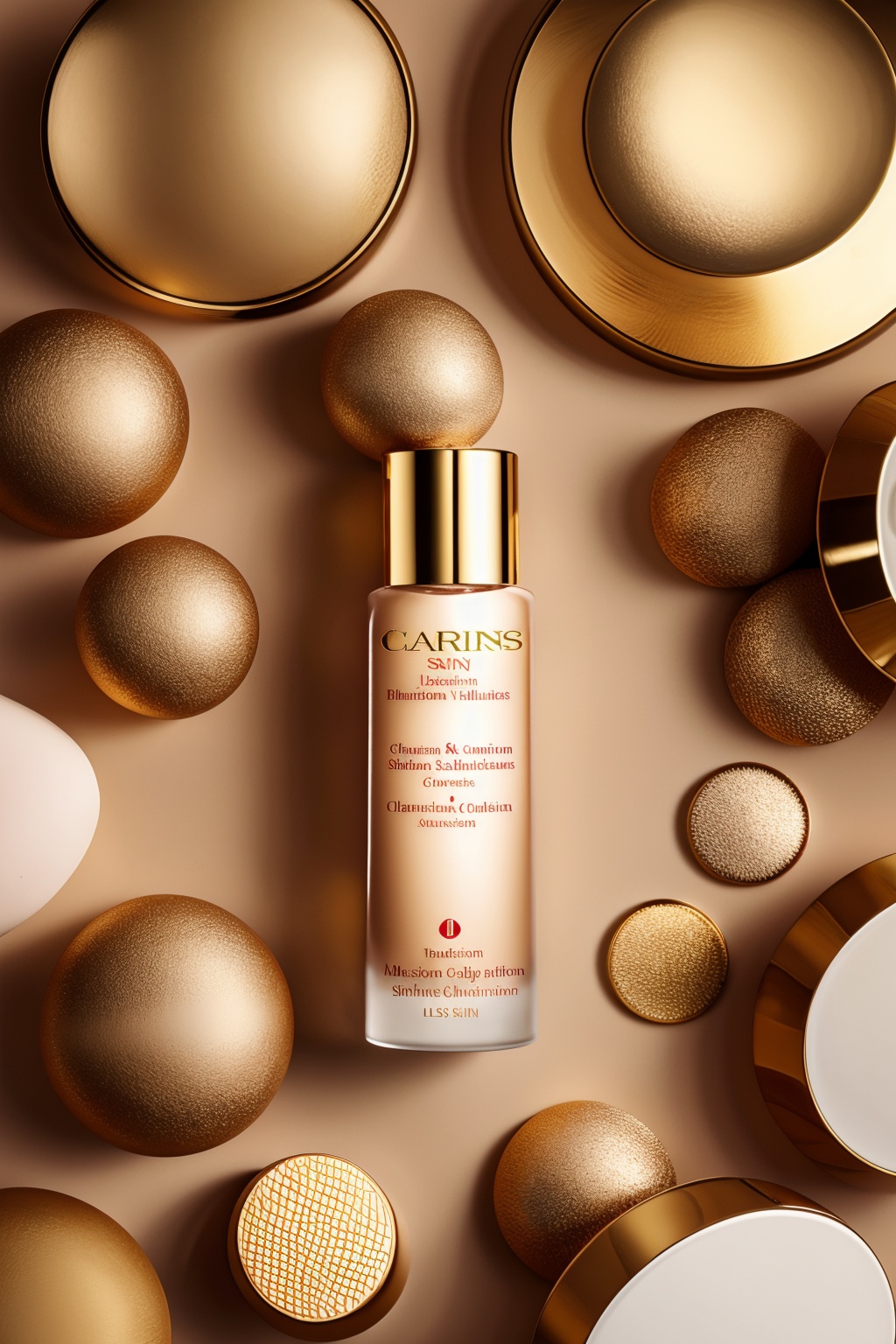 product photography,a bottle of Clarins' 'Skin Illusion' foundation,which appears to be a light beige or nude shade. The foundation is encased in a gold-capped bottle. Surrounding the bottle are multiple coiled,ribbon-like beige and gold elements,creating a luxurious and sophisticated ambiance,, masterpiece,best quality,