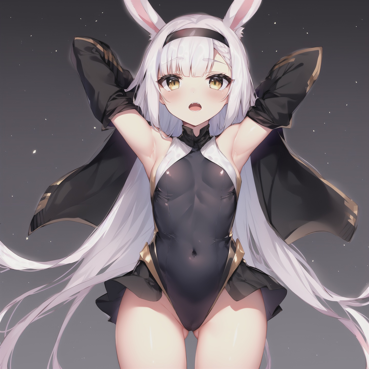 1girl, solo, animal ears, rabbit ears, long hair, breasts, hairband, armpits, open mouth, small breasts, arms up, white hair, very long hair, looking at viewer, upper teeth only, thigh gap, jacket, brown eyes, bangs, white background, black hairband, simple background, teeth, ass visible through thighs, black jacket, long sleeves, gradient background, covered navel, black skirt, gradient, skirt, arms behind head, blush, dress, yellow eyes, cowboy shot, detached sleeves