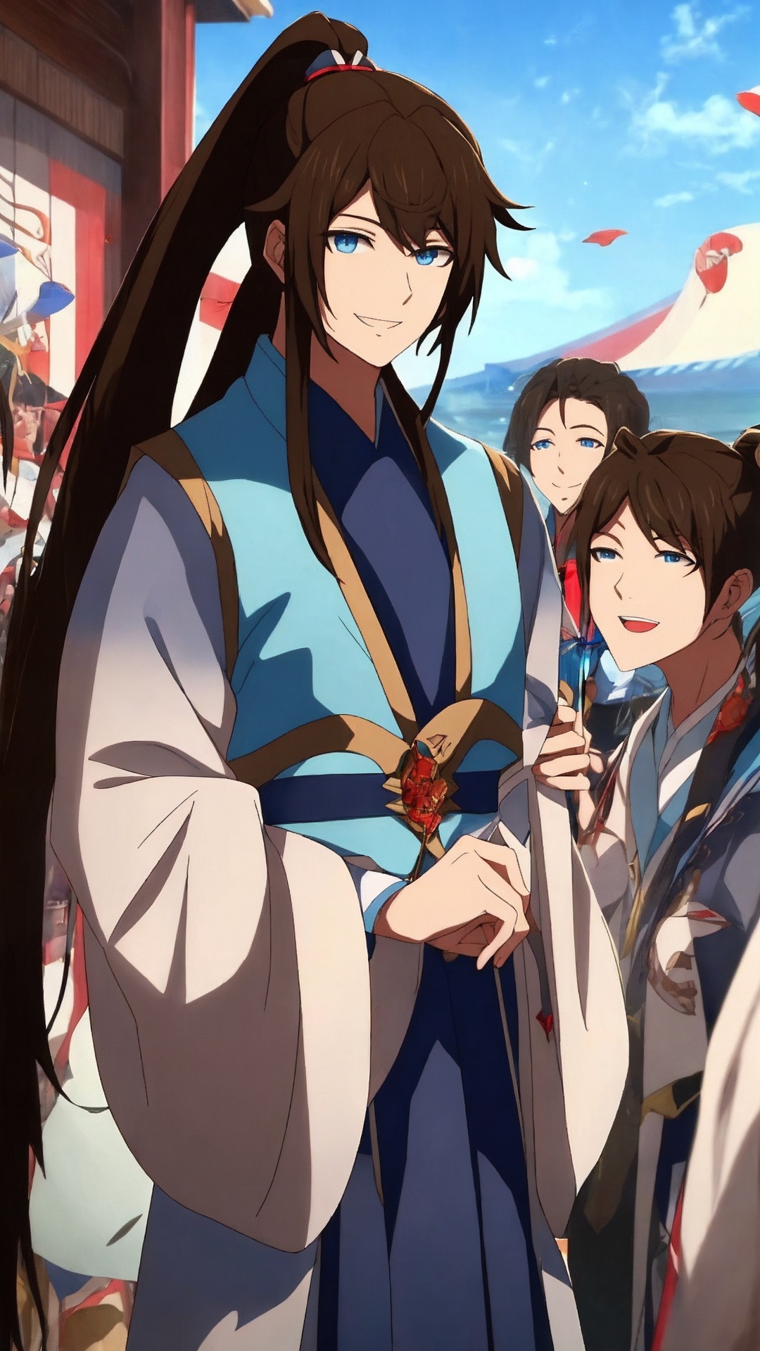 long hair, blue eyes, hand fan, black hair, folding fan, brown hair, ponytail, multiple boys, 1boy, sky, male focus, 2boys, folded fan, smile, wide sleeves,<lora:boy baixiaochun_20240911193625:0.7>,