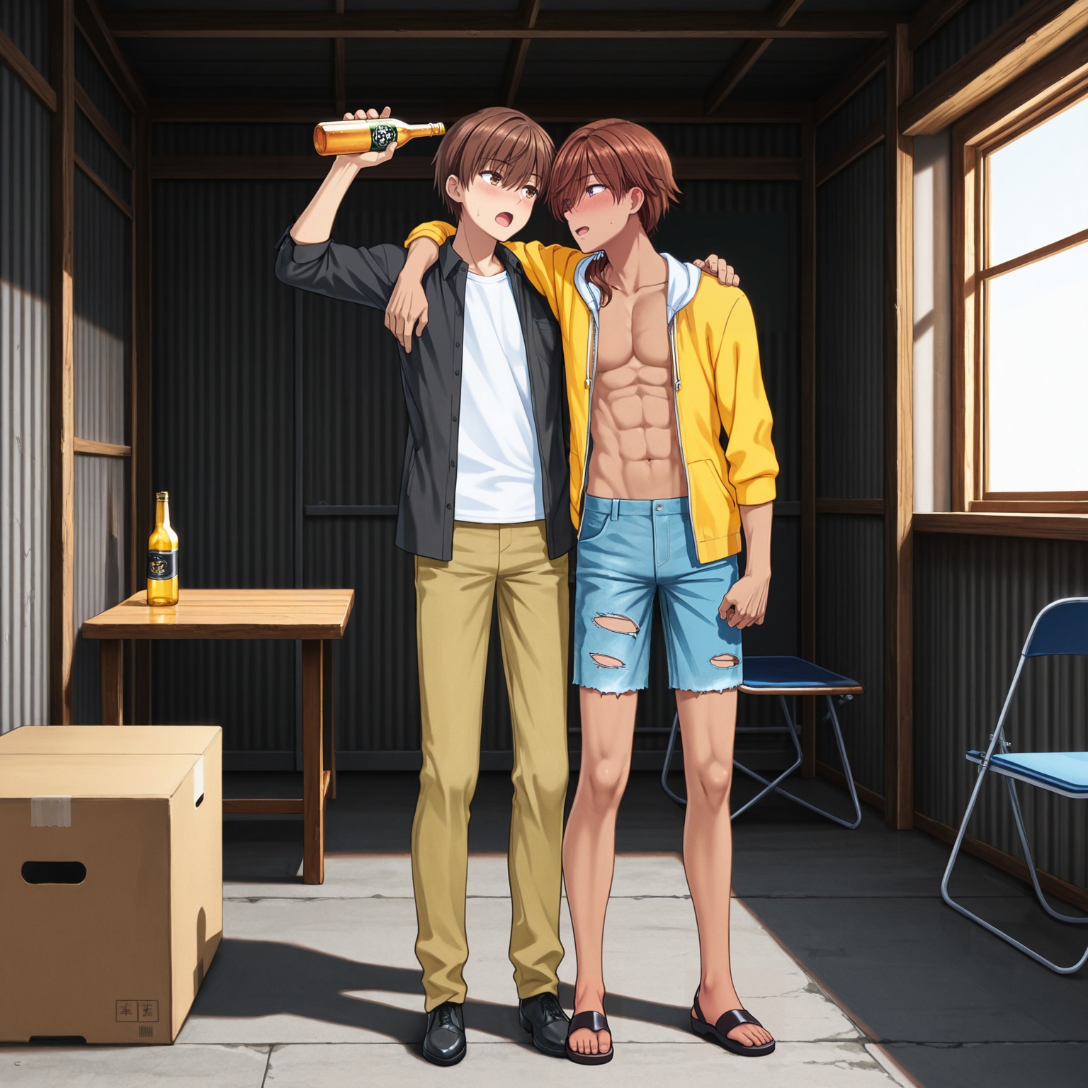 masterpiece,best quality,amazing quality,takahara hairi,mitani ryouichi,open mouth,brown hair,brown eyes,standing,jacket,hair between eyes,white shirt,full body,male focus,multiple boys,shorts,pants,dark skin,2boys,looking at another,hair over one eye,arm up,black collared shirt,torn clothes,chair,sandals,dark-skinned male,table,bottle,denim,yellow hooded jacket,(swim ring:0.8),torn denim shorts,(innertube:0.8),hand on another's shoulder,holding bottle,brown pants,torn pants,arm around shoulder,arm around neck,folding chair,holding_beer_bottle,bare_pectorals,open shirt,indoors,garage,corrugated wall,wooden beam,concrete floor,lawn chair,cardboard box,black_shoes,open clothes,open jacket,(abs:0.8),<lora:summer_pockets_V1_4-000010:1>,