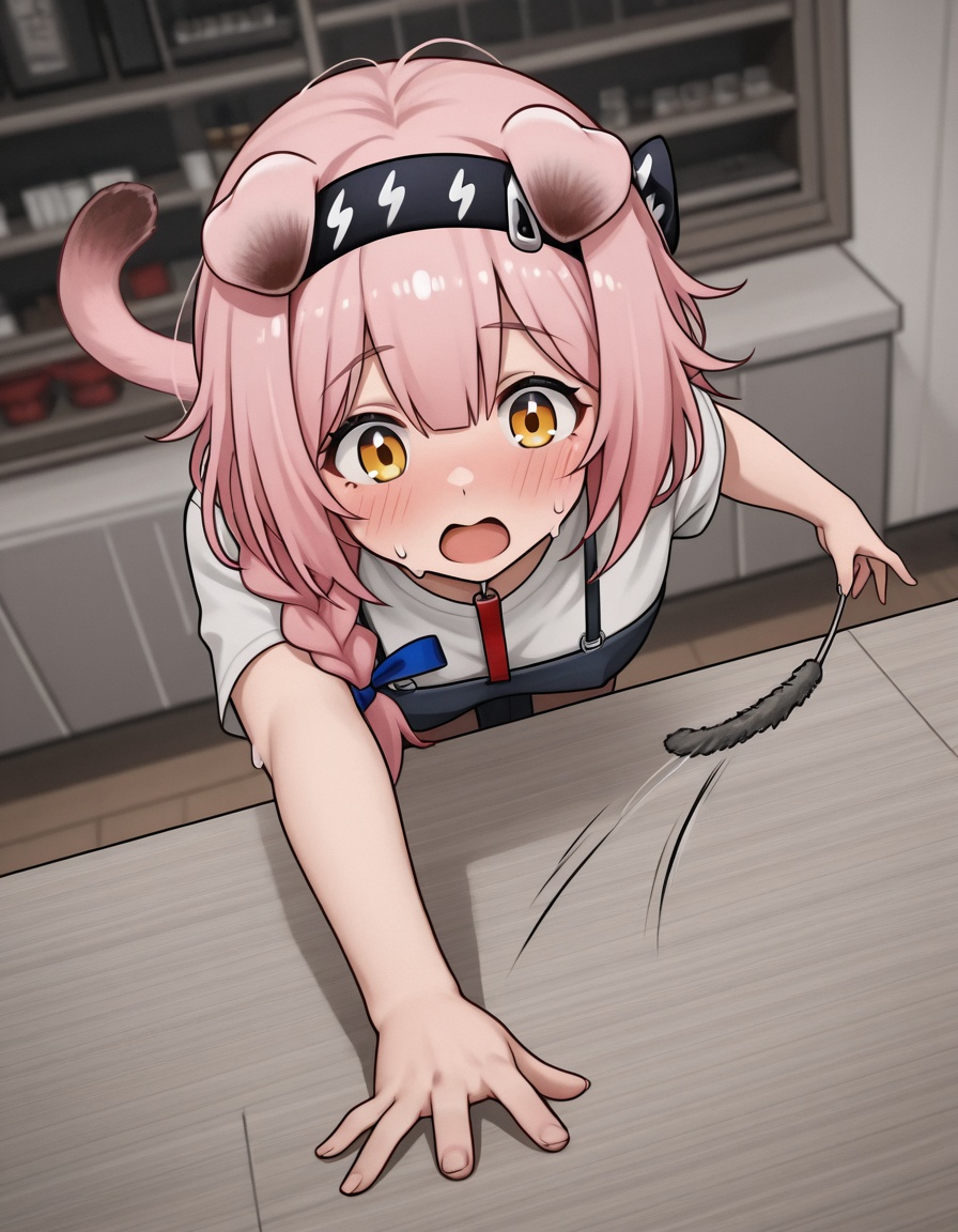comic style,HG2512,line art,Nai3 style,comic style,HG2512,Nai3 style,line art,masterpiece,best quality,very aesthetic,1girl,dark fairy tales,Incredibly detailed,extremely delicate and beautiful,Noise and grain,huge filesize,amazing quality,Goldenglow \(arknights\),pink hair,foreshortening,cinematic_angle,outstretched_arm,sweat,barber shop,The cat on the run,blush,tripping,open mouth,full_shot,from_above,leaning_forward,cat_teaser,