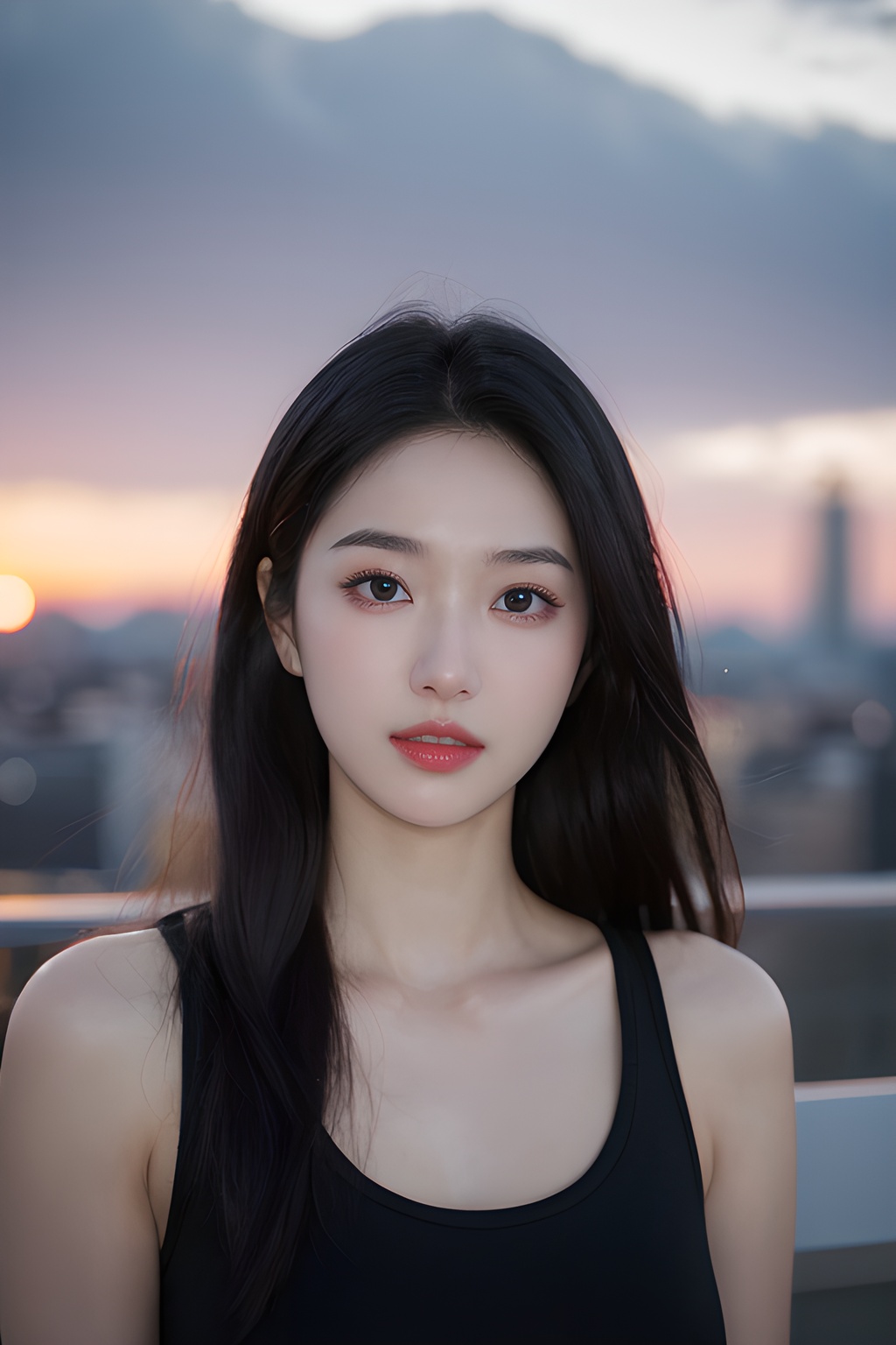 <lora:0811_04:0.7>,Frontal photography,Look front,evening,dark clouds,the setting sun,On the city rooftop,A 20 year old female,Black top,Black Leggings,black hair,long hair, dark theme, muted tones, pastel colors, high contrast, (natural skin texture, A dim light, high clarity) ((sky background))((Facial highlights)),, 1girl,realistic,masterpiece, best quality, photorealistic, HDR,detail