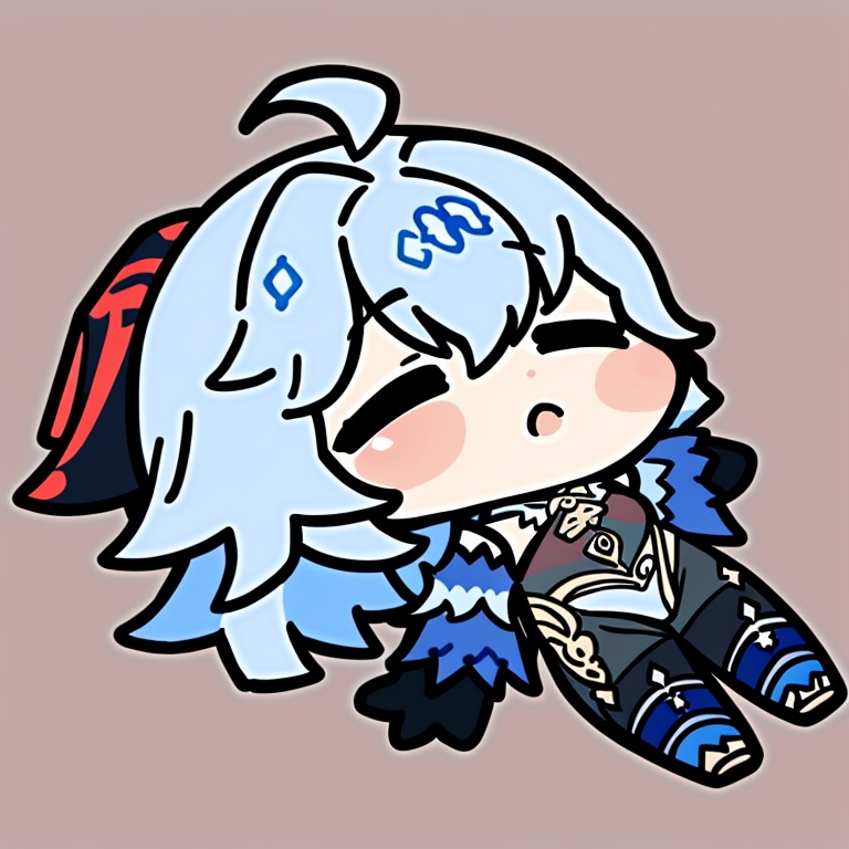 ((HRD, HUD, 8K)),((masterpiece, best quality)), highly detailed, soft light,EmojiPack, 1girl, ganyu (genshin impact), horns, chibi, blue hair, lying, on back, solo, ahoge, blush stickers, long hair, closed eyes, bangs, detached sleeves, bell, grey background, simple background, gloves, black gloves, <lora:20240527-1716802627504:0.9>