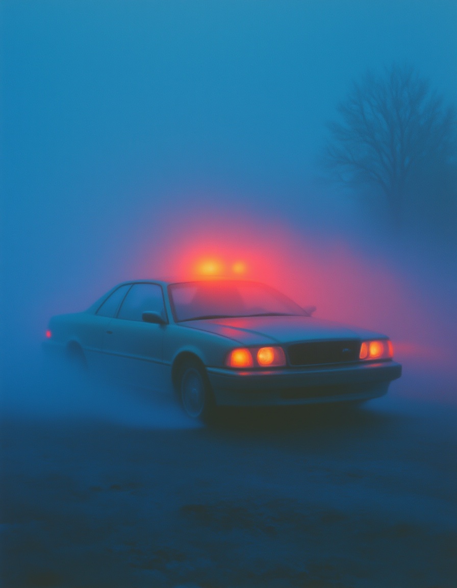 <lora:迷幻8:0.8>,a car is driving through a foggy area with a bright light on it's hood and the hood is red,Beeple,outrun,an ultrafine detailed painting,sots art,