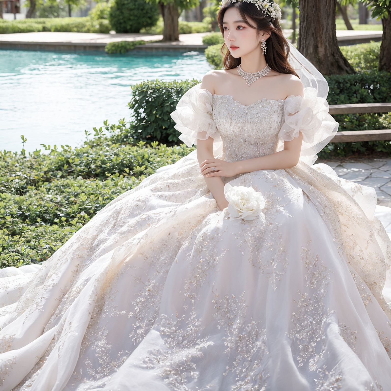 Best Quality,Masterpiece:1.4),(Realism:1.2),(Realisitc:1.2),4K,(photorealistic:1.3),1girl, white wedding dress,long dress,outdoors, flower,  jewelry,print,(Long Wavy Hair),hunsha,veil,Earrings,Jewelry,Tindal Light,  <lora:YG梦中婚纱5:0.7>,