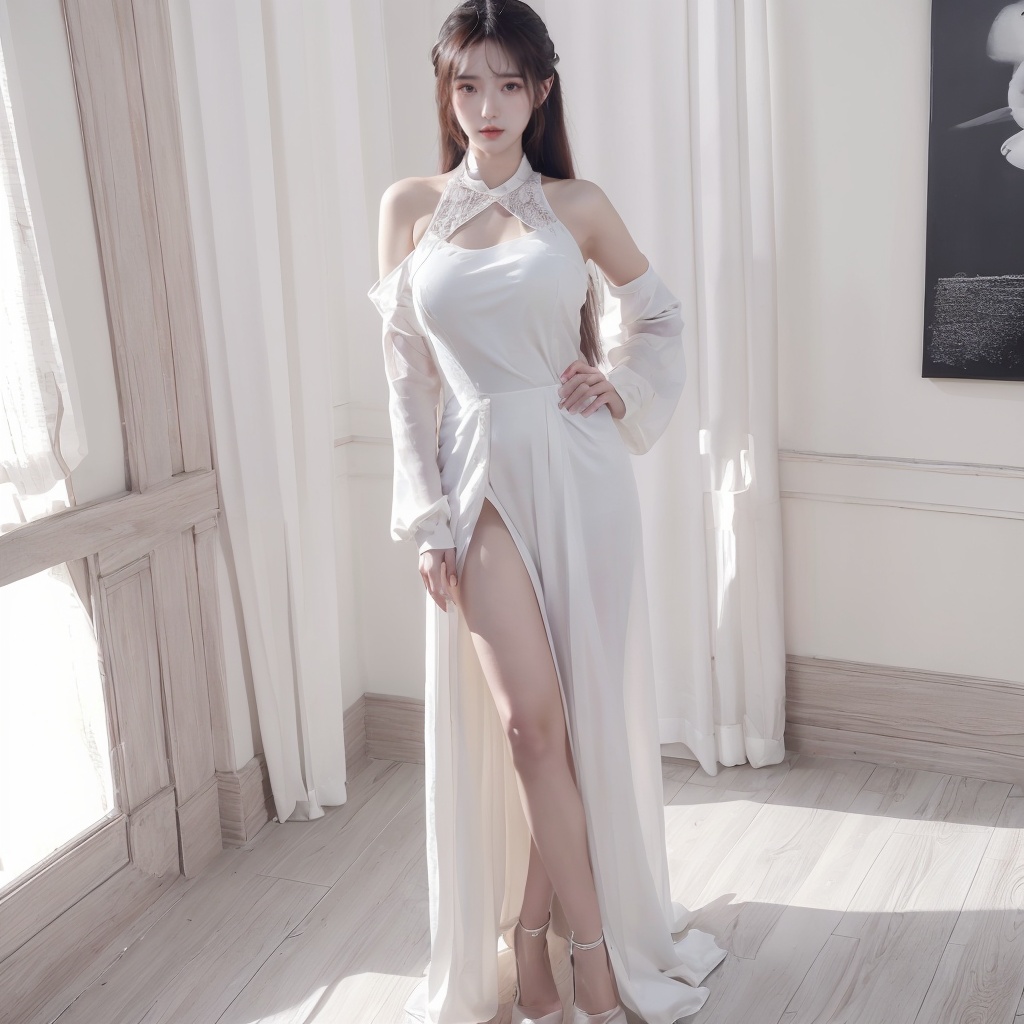 1girl, dress, Indoor, standing, full_body,hand on hip,<lora:20231109-1699510907344:0.6>