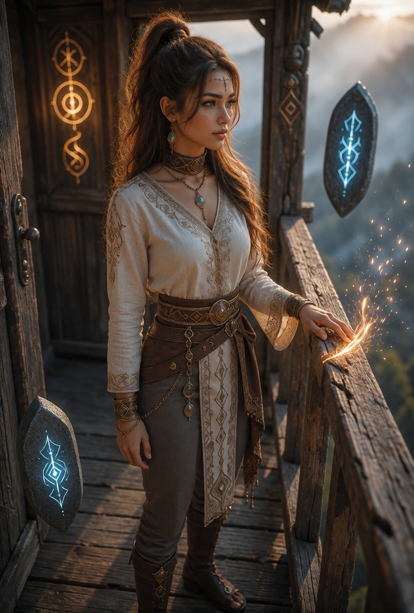 NalaX,  long warm brown hair styled in a high ponytail,  with thick cascading waves and loose strands framing her face. A...