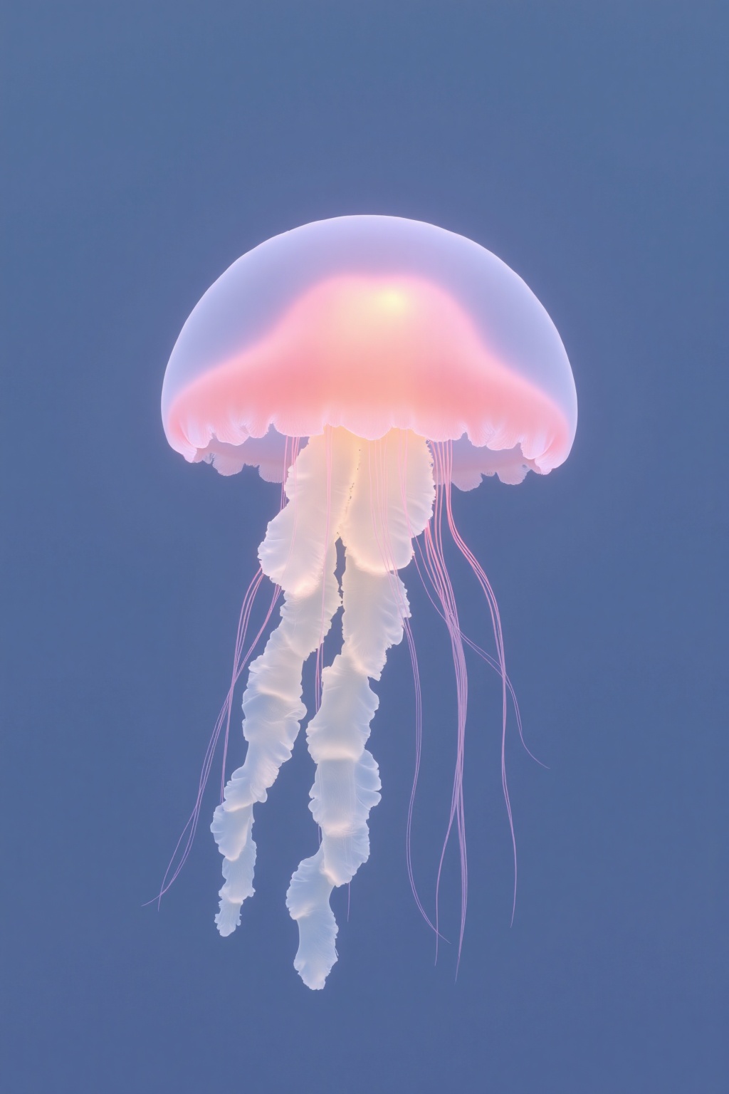 beijihui,a pink jellyfish is soaring through the air. The jellyfish's body is glowing with a soft glow,adding a pop of color to the scene. The background is a deep blue,creating a stark contrast to the jellyfish. The jellyfish's tentacles are spread out,adding texture to the image.,