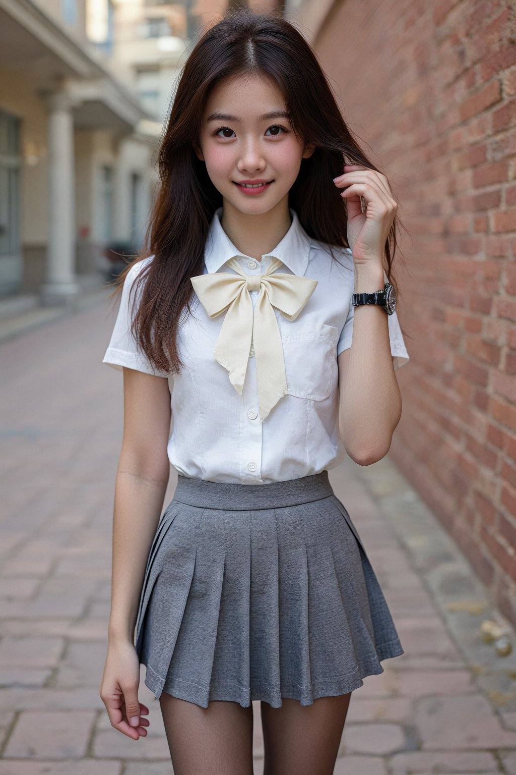 An East Asian young woman,  appearing to be in her late teens or early twenties,  stands on a brick-paved outdoor walkway....