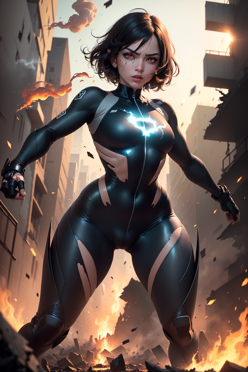 fighting , glowing eyes, short hair,torn tight supersuit, in a destroyed city, smoke and fire, glowing power aura, dynamic pose, dynamic view
