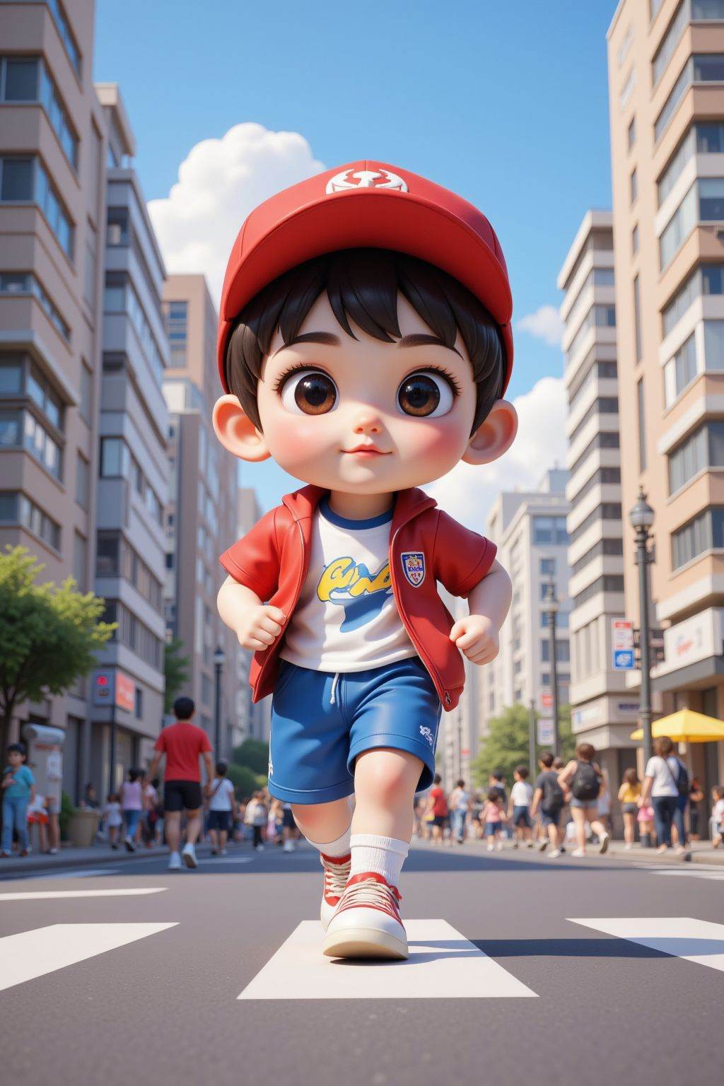 Wide-angle shot,chibi,Magazine cover,an anime boy wearing red cap and blue shorts,The boy ran in the city street,Illustration in digital art style,for children's picture books,64K,comic book page