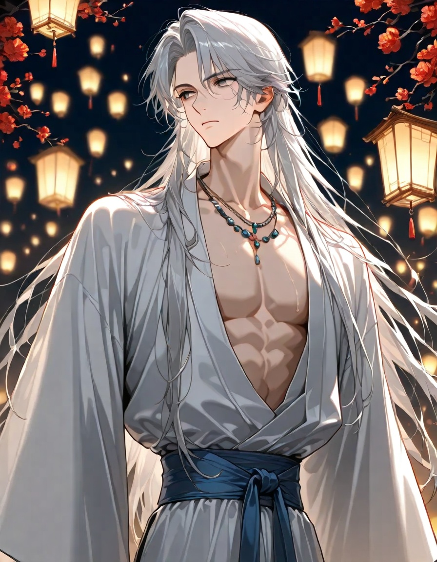 score 9,score 8 up,score 7 up,hanfu,chinese clothe,1boy,male focus,long hair,lantern,solo,jewelry,necklace,blurry,grey hair,long sleeves,robe,white robe,looking to the side,closed mouth,blurry background,bishounen,lamp,hanfu,parted bangs,night,white hair,grey eyes,pectoral cleavage,chinese clothes,flower,collarbone,open clothes,standing,pectorals,depth of field,