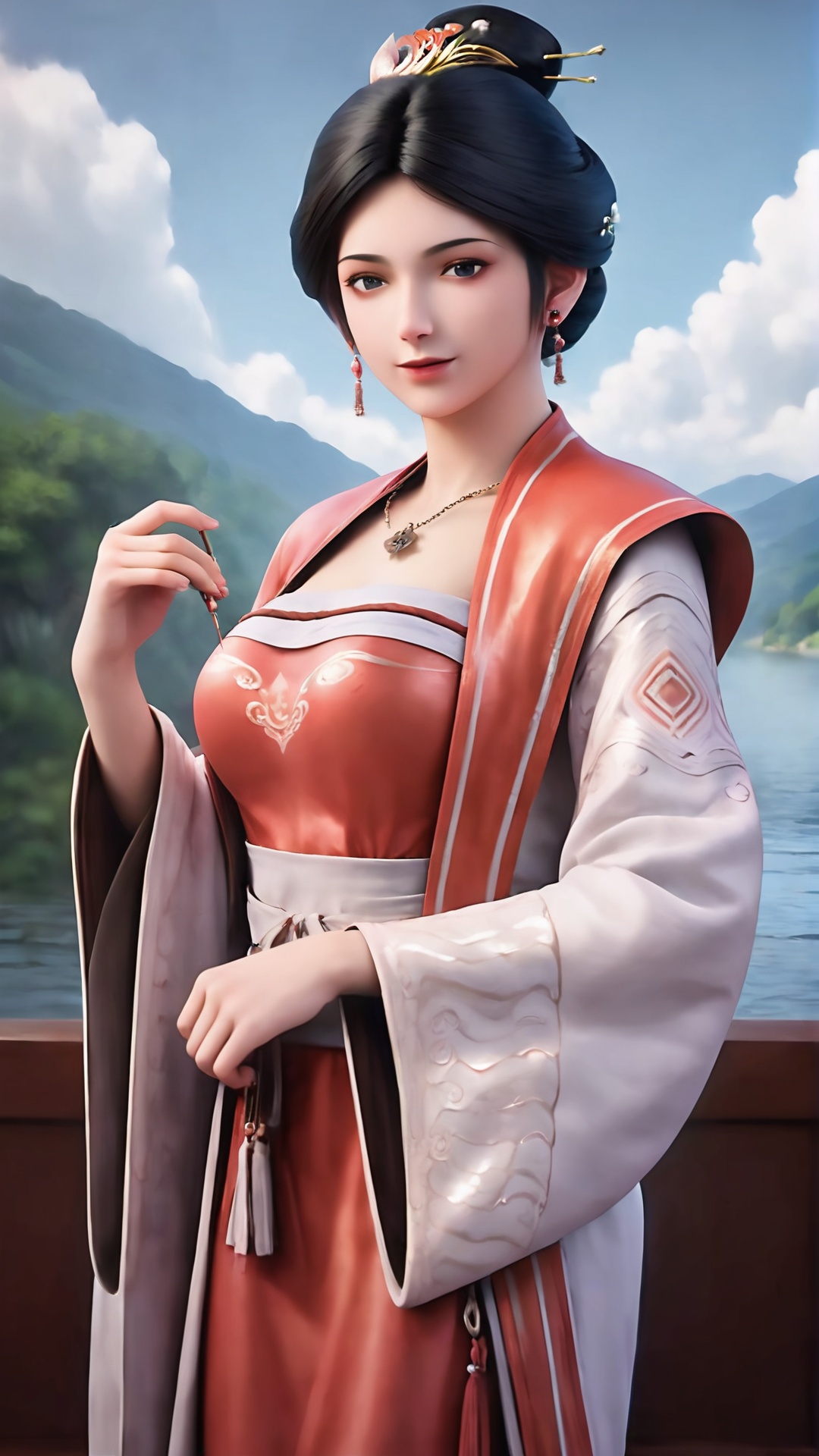 1girl,jewelry,chinese clothes,solo,earrings,black hair,necklace,hanfu,hair ornament,holding,dress,looking at viewer,upper body,realistic,long sleeves,wide sleeves,black eyes,<lora:lora.by_tusi:0.7>,incredibly absurdres,wallpaper,<lora:画面亮度调节器丨美白皮肤去油腻-增加面部细节_v1.0:0.6>,