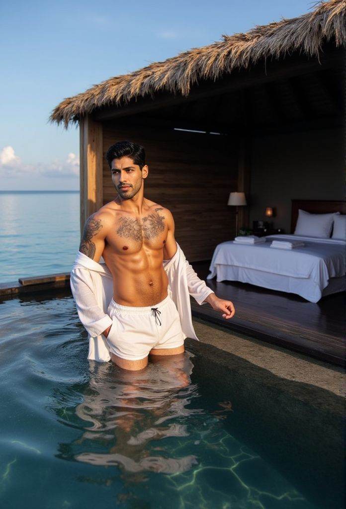 Smaran Sahu ,  standing by the pool in Maldives in open shirt,  sexy on Tensor.Art