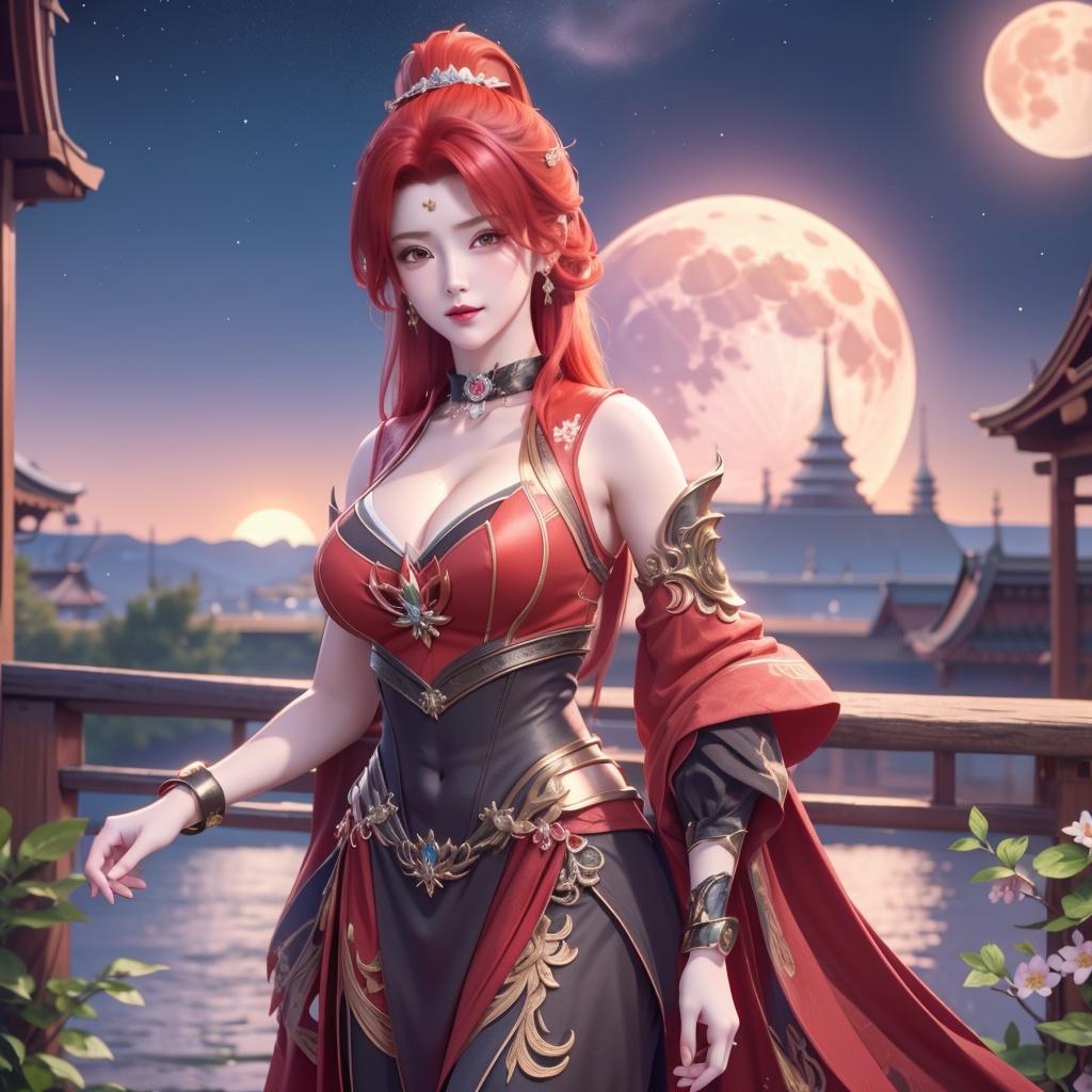 <lora:斗破苍穹-唐火儿:0.8>,red hair,   (,1girl, ,best quality, ),looking at viewer,  ,ultra detailed background,ultra detailed background,ultra realistic 8k cg,, ,masterpiece, (( , )),, ,   ,   cure blossom, full moon,night,night sky,  (cleavage), (), ,,