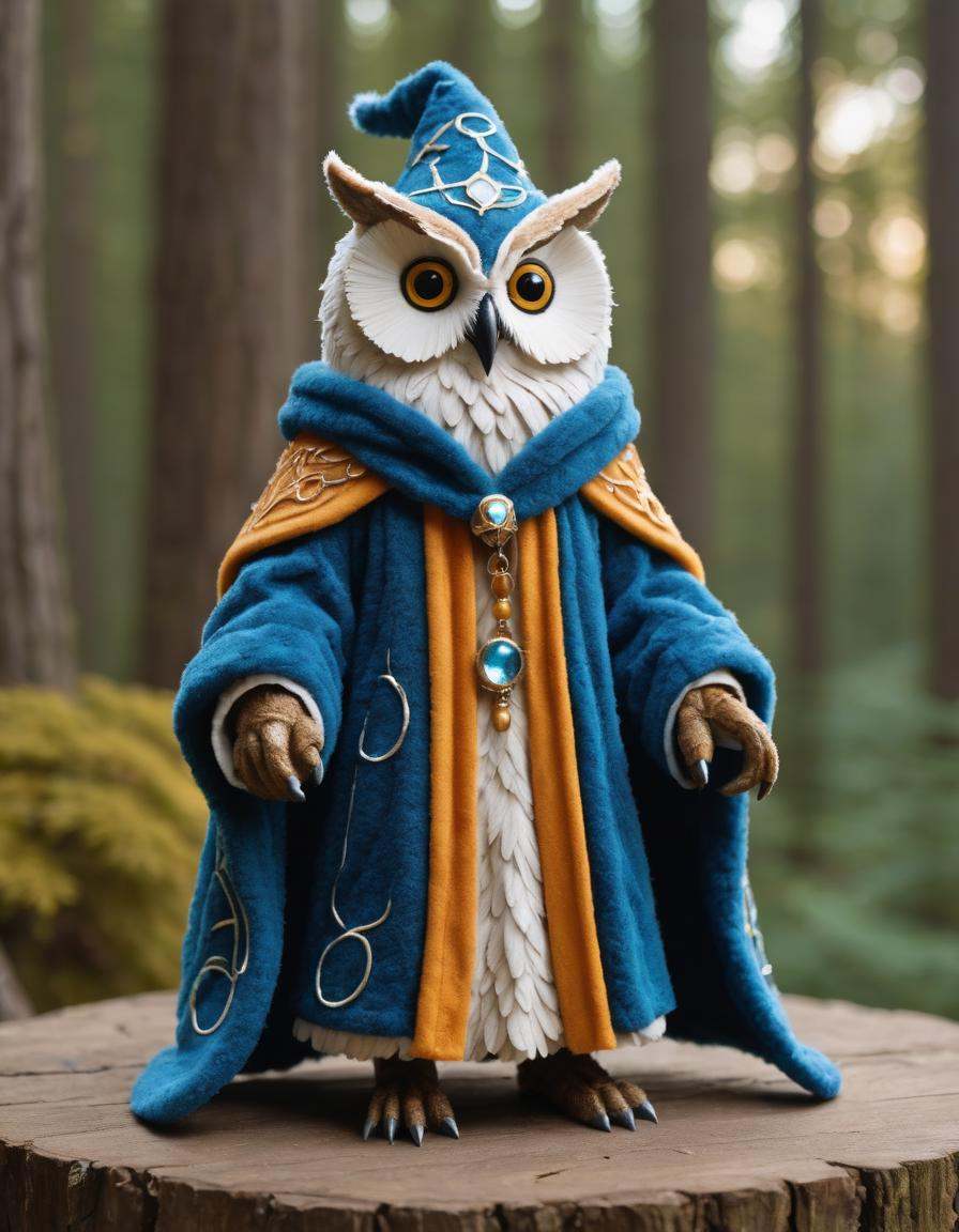 A character that looks like an owl wearing a wizard's robe. Made out of fuzzy fleece. Retrofuturism. Inspired by Mead Schaeffer's whimsical designs.