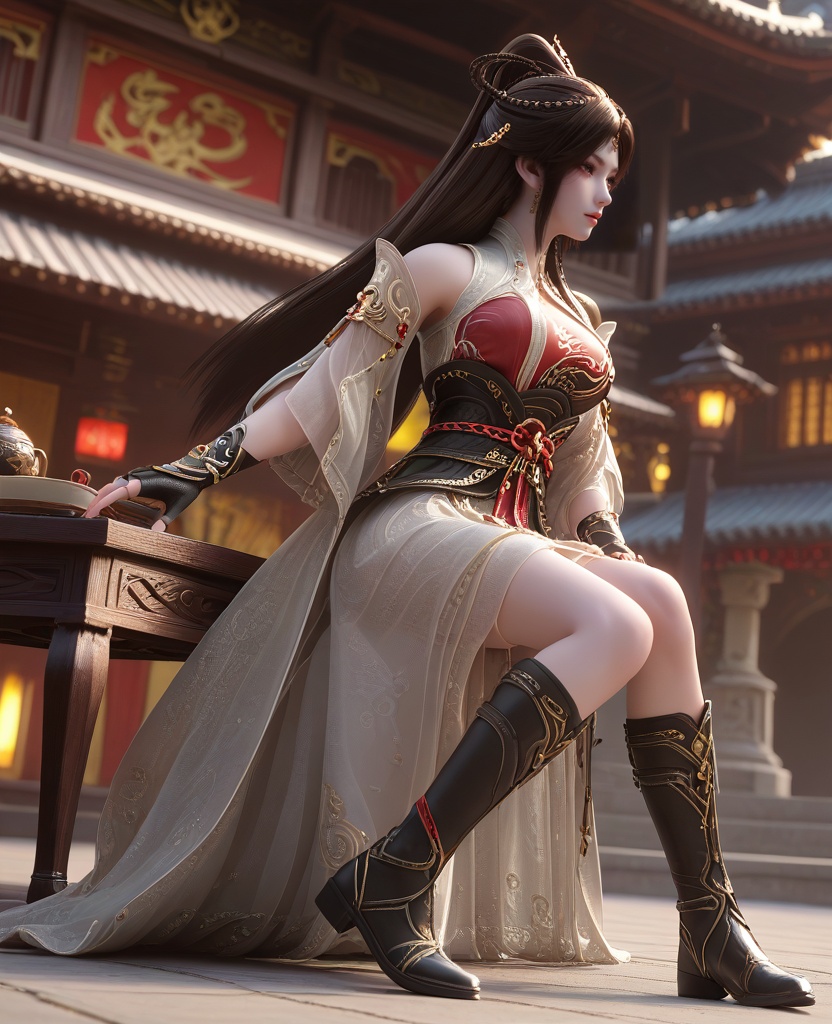 (oriental architecture, elegant decor, sophisticated style:1.1),(Straddling a sturdy table, hands locked behind her neck as she arches her back in ecstasy, she channels the abandonment and surrender that comes only from giving oneself completely to pleasure:1.1),(straight-on:1.1),(large breasts:1.2),<lora:XL16云深不知梦羲和第7集封魔祭典:0.95>,miss xihe,two-tone black and red corset dress,left pauldron,black hair,very long hair,half-up crown ponytail with long cascading hair,hair ornament,jewelry,black fingerless gloves,sash,black boots,, score_9,score_8_up,score_7_up,score_6_up,score_5_up,score_4_up,3d rendering,tag1,tag2, Cinematic Lighting,backlighting,