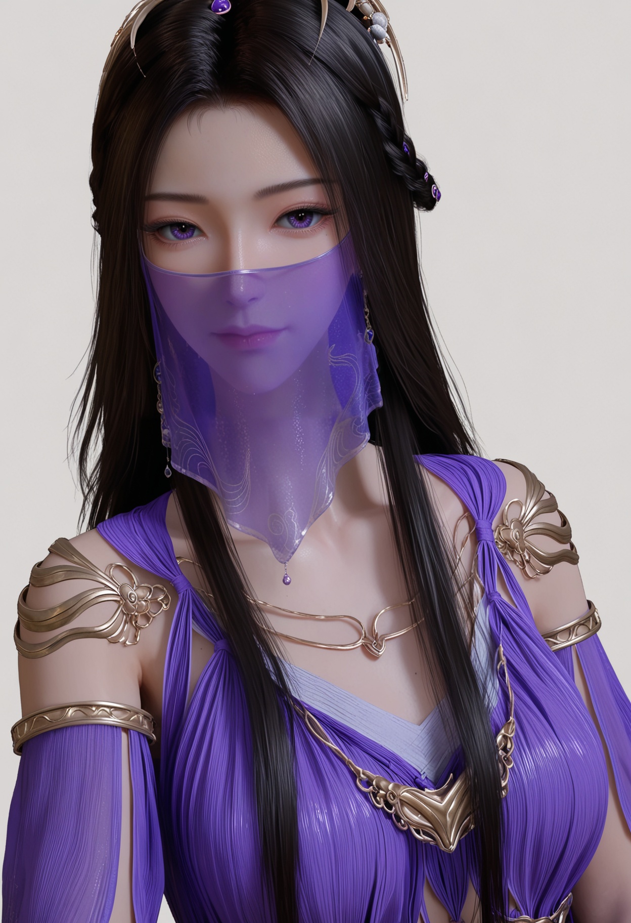 score_9,high detail,best quality,shiny skin,shiny,1girl,solo,purple_eyes,dress,breasts,long hair,black hair,jewelry,purple dress,bracelet,transparent background,hair ornament,mouth veil,white background,necklace,realistic,closed mouth,looking_at_viewer,upper_body,thighs,<lora:QQSponyzilingV1:0.8>,<lora:Pony_DetailV2.0:0.8>,<lora:皮肤凹痕:0.1>,
