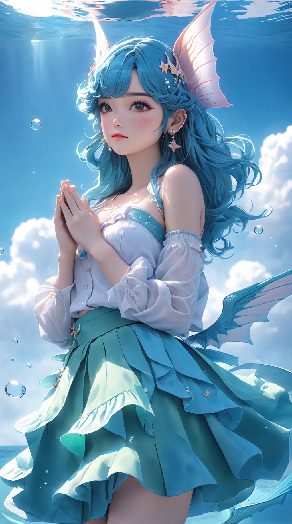 (1girl),smooth chin,masterpiece,detailed face,((hair ornament)),top quality,4k,make up,best quality,alone,single,solo,only one,one character,blush,(body blush),(detached sleeves),earrings,(blue hair),under water,(head fins),long hair,(from below),ocean,(puffy hair:1.13),head wings,frilled skirt,frilled clothes,model,looking at viewer,Cute Women,frilled shirt,bubble skirt,green skirt,full body,(detached shirt),bandeau,blue skirt,(Prayer with both hands),Masterpiece, the best quality,(The best hand)