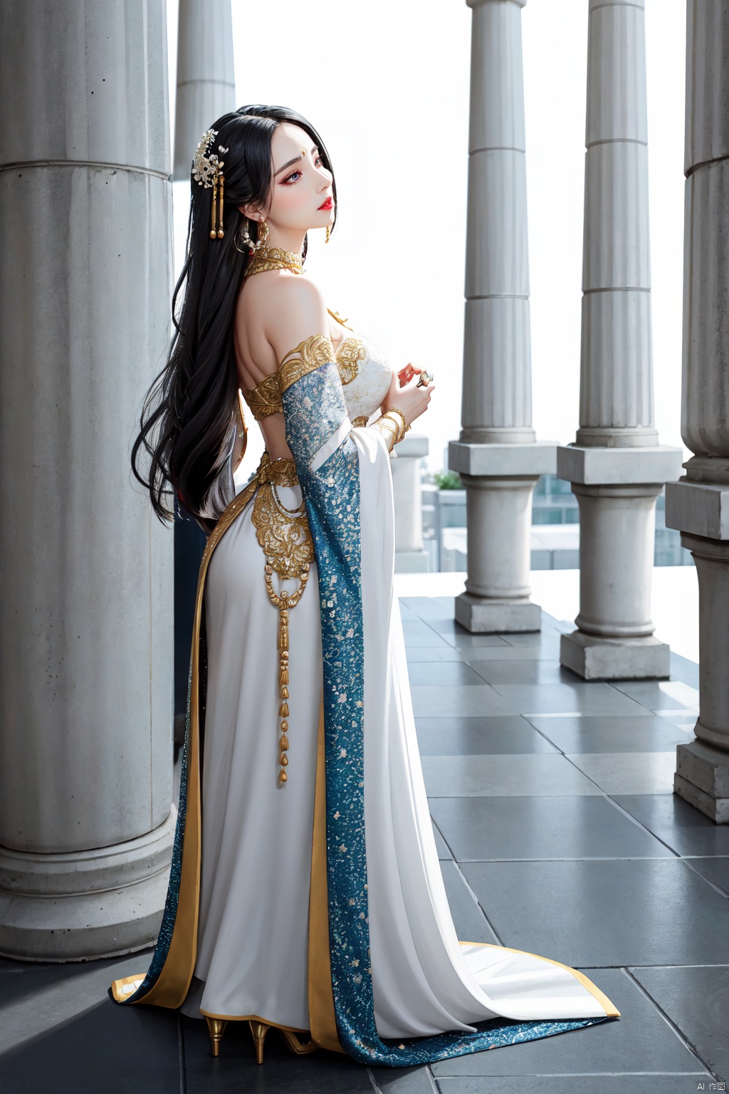 ((Sitting, Stiletto heels, from behind, from below, Indoor, lobby, (Roman columns,magnificent palace,), reliefs,)), Realistic style, cinematic work, 8K wallpaper, masterpiece, very realistic quality, best quality, masterpiece, high-level, high-resolution,,,Edge lighting, dual tone lighting, soft lighting, The illuminated surface of the material has bright spots and highlights, which flicker and have a mirror effect when reflected, There are sparkling spots on the armor,,,1 girl, mature female, solo, full body, looking at viewer, lace, strong rim light, Standard proportion of female body, golden proportion of female body,,,Standing, standing posture, Sexy full body standing posture,,,,colorful,(detailed skin: 1.3), (detailed face: 1.3),clear focus,delicate,(mature women: 1.2),(glossy skin+glossy skin: 1.4),(sweating: 1.1),(big_eyes),red_ eyeshadow,long_ Eyelashes, red lips,,,simple background, grey background,,,(Diamond hair accessories, diamond necklaces, diamond earrings, diamond earrings, clothes embedded with diamonds, armor embedded with diamonds,:1.3)1 girl, solo, blue eyes, black haired, hair ornaments, hugged, Long hair, gradient hair, hair between the eyes,medium breasts, Floral, generally, hanfu, off shoulder, nail polish, compensate, lipstick, red background, red claw, eye shadow, Floral, Hairpin, Hairpin, comb, qingsha,chinese clothes, luyijiushi2, luyijiushi1,liyijiushi3<lora:EMS-889-EMS:0.300000>, <lora:EMS-318978-EMS:0.100000>