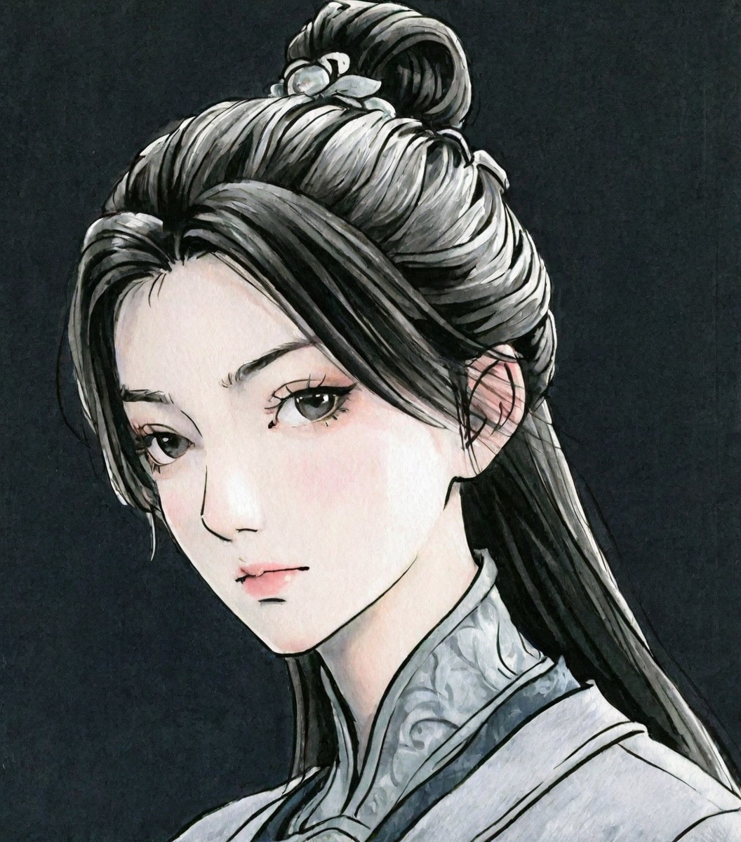 ((very awa)),solo,highly detailed,(best quality),((masterpiece)),1girl,chi,<lora:chi正则100nbXL:0.7>,painting \(medium\),traditional media,watercolor \(medium\),looking_at_viewer,<lora:陈对nbXL:0.9>,chendui,black hair,long hair,hair bun,