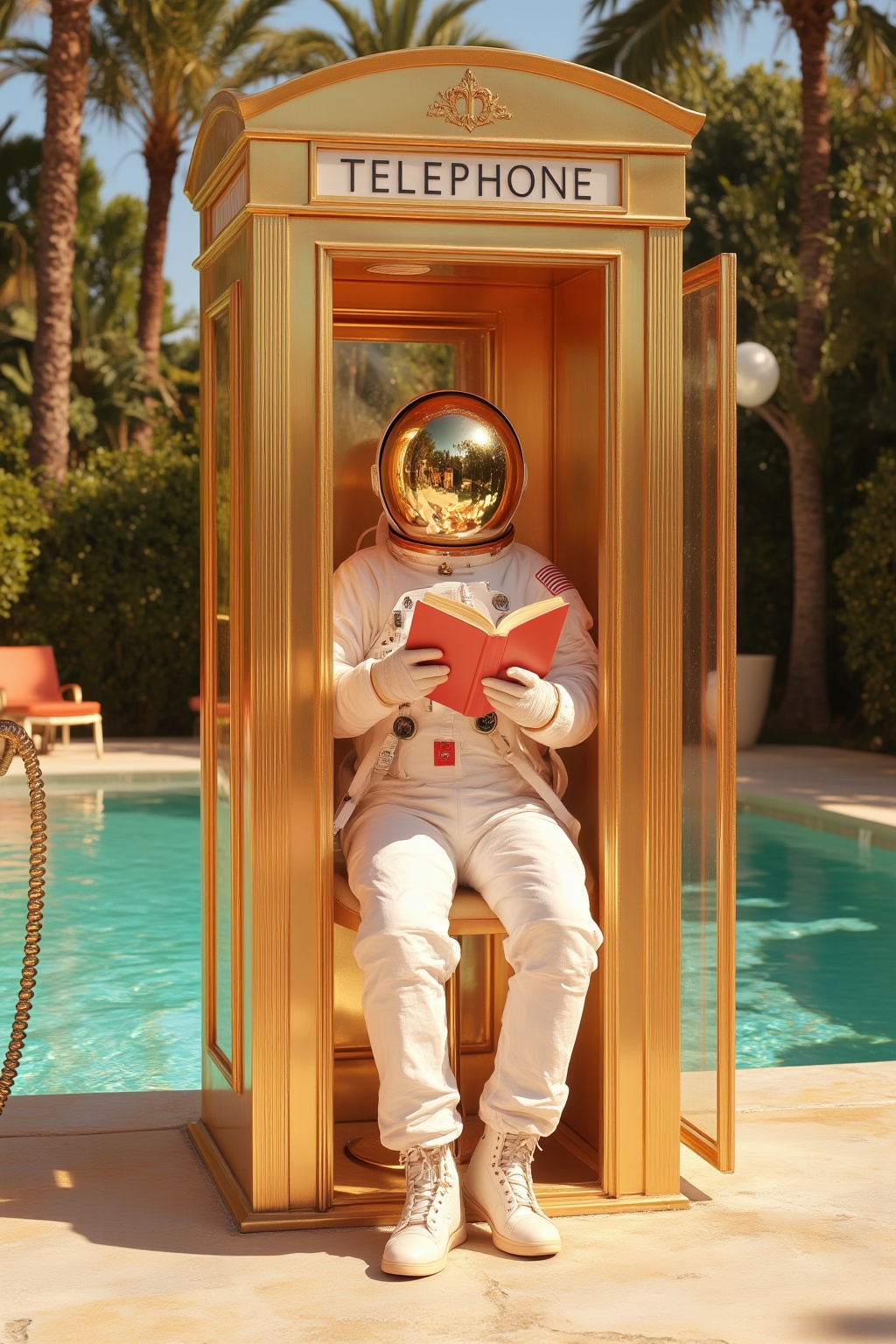 rich,<lora:rich15:0.8>,an astronaut reads a book in a golden phone booth,next to the pool,
