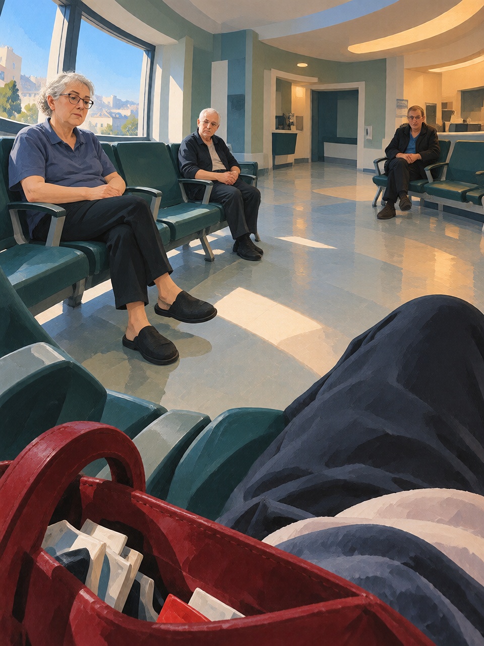 A hospital waiting room with two seated people,  chairs and tiled floor bending gently toward the edges,  a handbag in the...