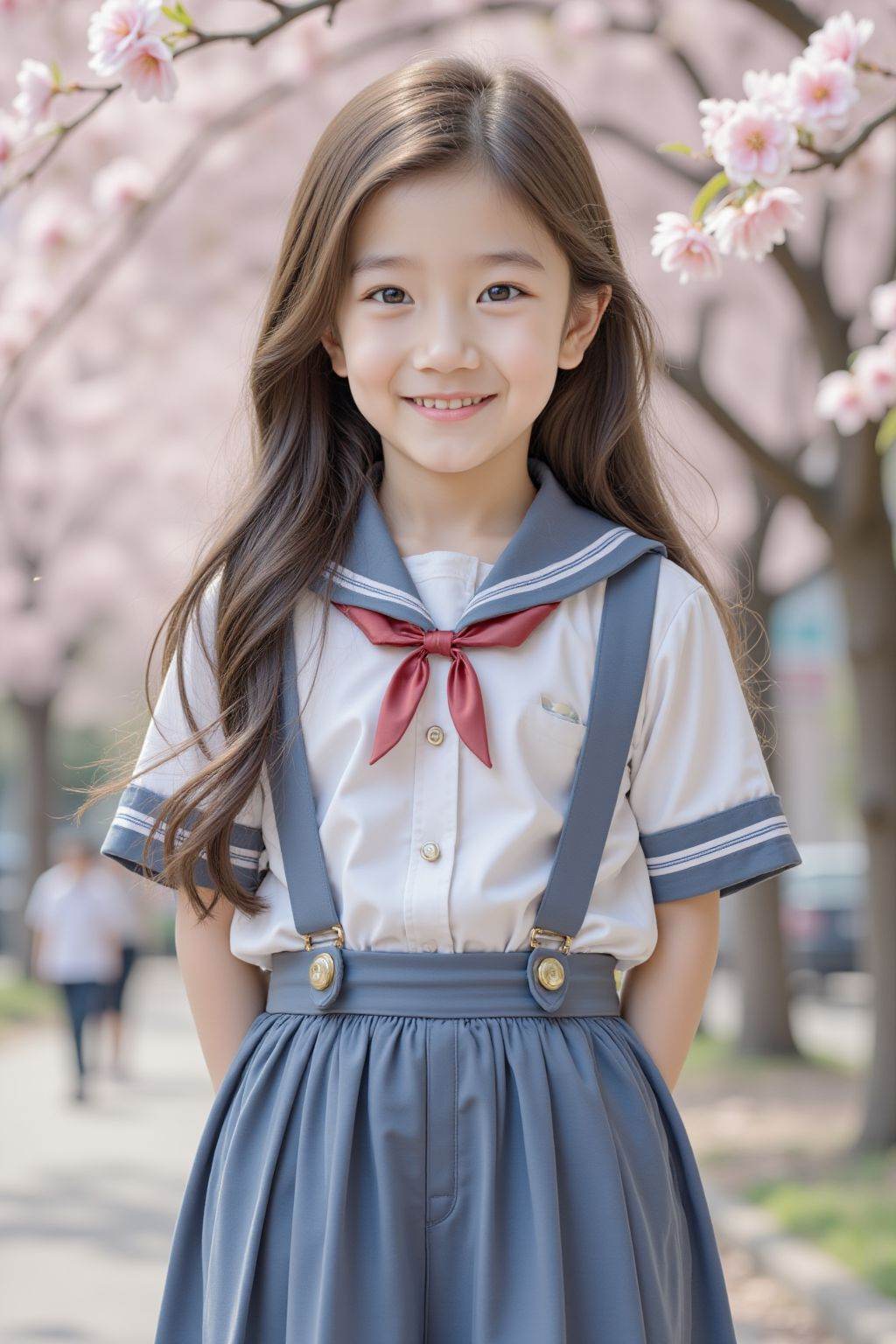 HDR photo of cinematic film still, young girl,school uniform,blue skirt,smile,solo,long hair,looking at viewer,peach tree,peach blossom,petals,closed mouth,