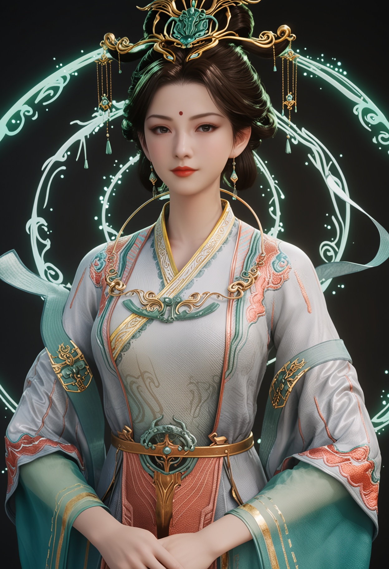 (cowboy shot:1.2),score_9,score_8_up,masterpiece,(best quality),intricate details,facing viewer,(looking at viewer:1.1),<lora:YQ_pony_xiwangmu_V4:0.8>,q1528437228,1girl,solo,jewelry,earrings,hair ornament,black hair,chinese clothes,forehead mark,red lips,long sleeves,makeup,dress,hanfu,hair bun,updo,brown hair,black eyes,wide sleeves,brown eyes,hair stick,shawl,necklace,hair rings,forehead jewel,single hair bun,hagoromo,BREAKscore_9,score_8_up,masterpiece,(best quality),perfect anatomy,(hourglass),perfect face,(simple background,pure black background,black background:1.1),fair_skin,shiny_skin,Ivory_skin,