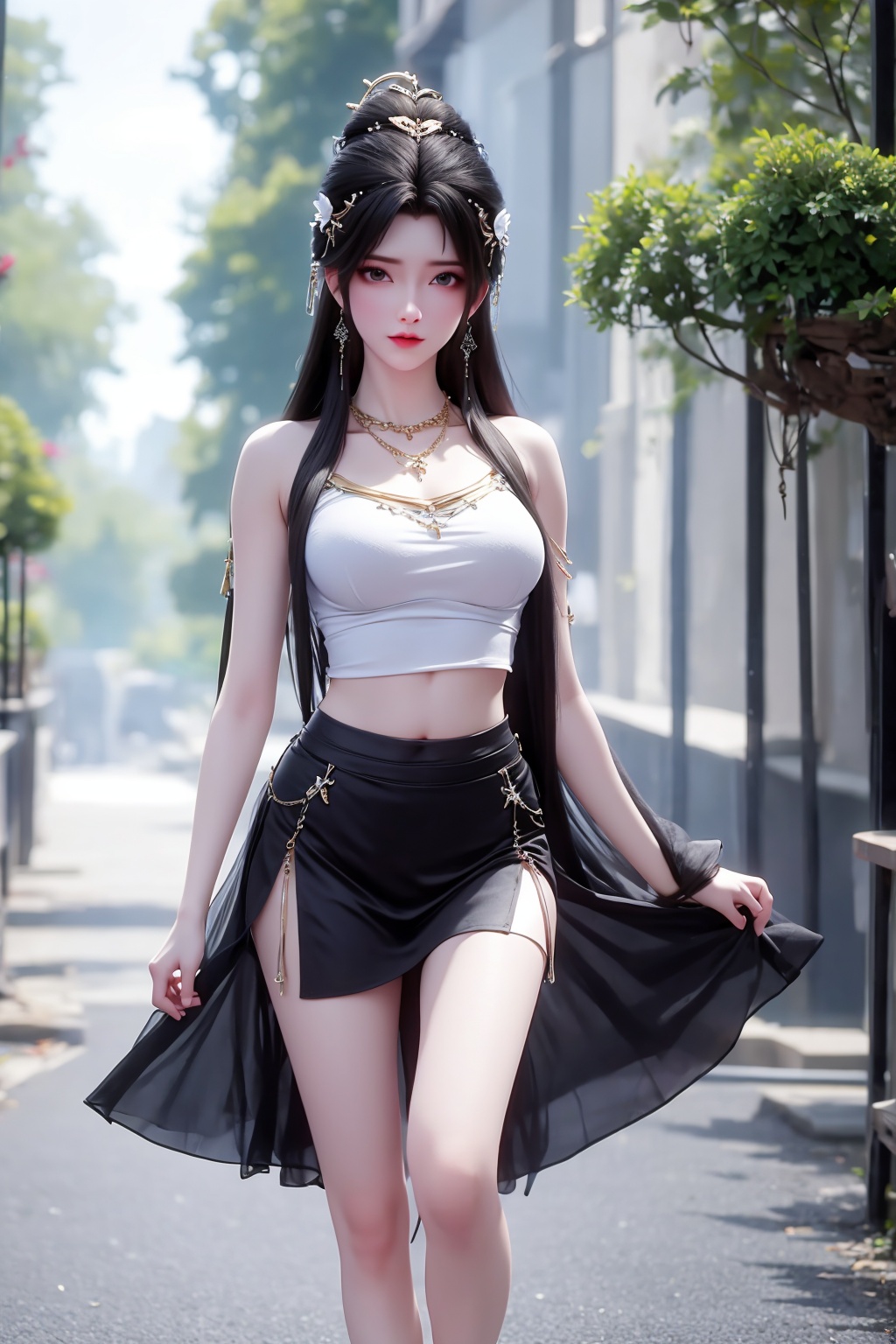 <lora:01清漪第一版:1>,1girl,bare legs,jewelry,solo,long hair,earrings,black hair,full body,skirt,navel,necklace,hair ornament,midriff,breasts,hair bun,blurry background,looking at viewer,