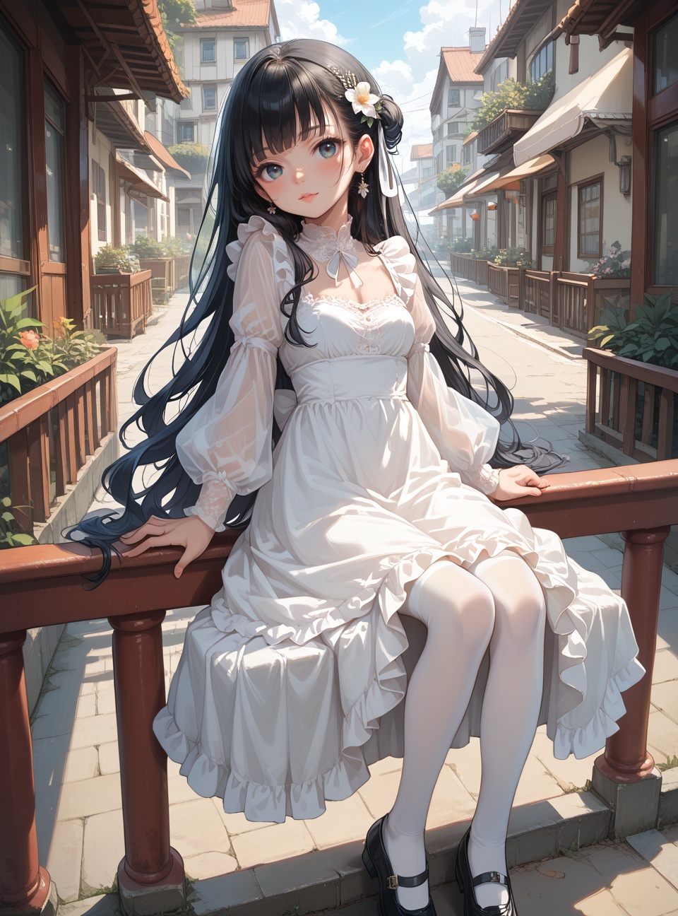 score_9,score_8_up,score_7_up,source_anime,1girl,sitting on railing,dress,long hair,black hair,white legwear,