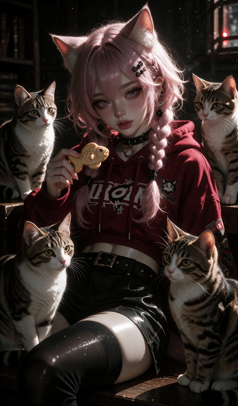 A girl with pink hair and cat ears sits surrounded by five cats,  holding a fish-shaped cookie while wearing a red hoodie...