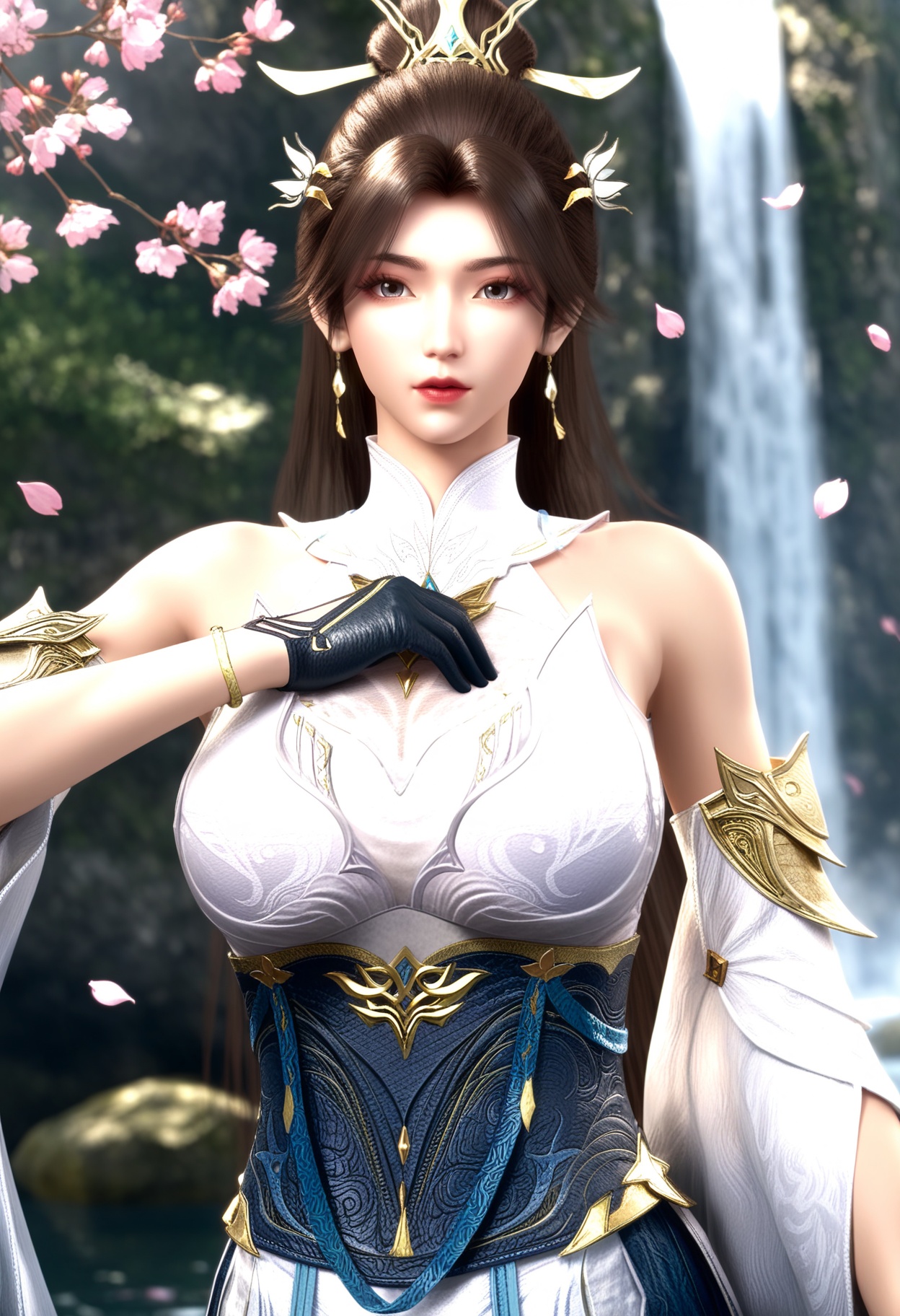 masterpiece,best quality,amazing quality,high resolution,ultra-detailed,absurdres,(looking at viewer:1.1),(upper body:1.1),(moody lighting:1.1),waterfall,peach blossom,falling petals BREAK large breasts,lingxi,1girl,solo,long hair,brown hair,jewelry,dress,hair ornament,earrings,bare shoulders,white dress,detached sleeves,hair bun,gloves,chinese clothes BREAK photorealistic details,<lora:QQSilllingxiV1:0.8>,