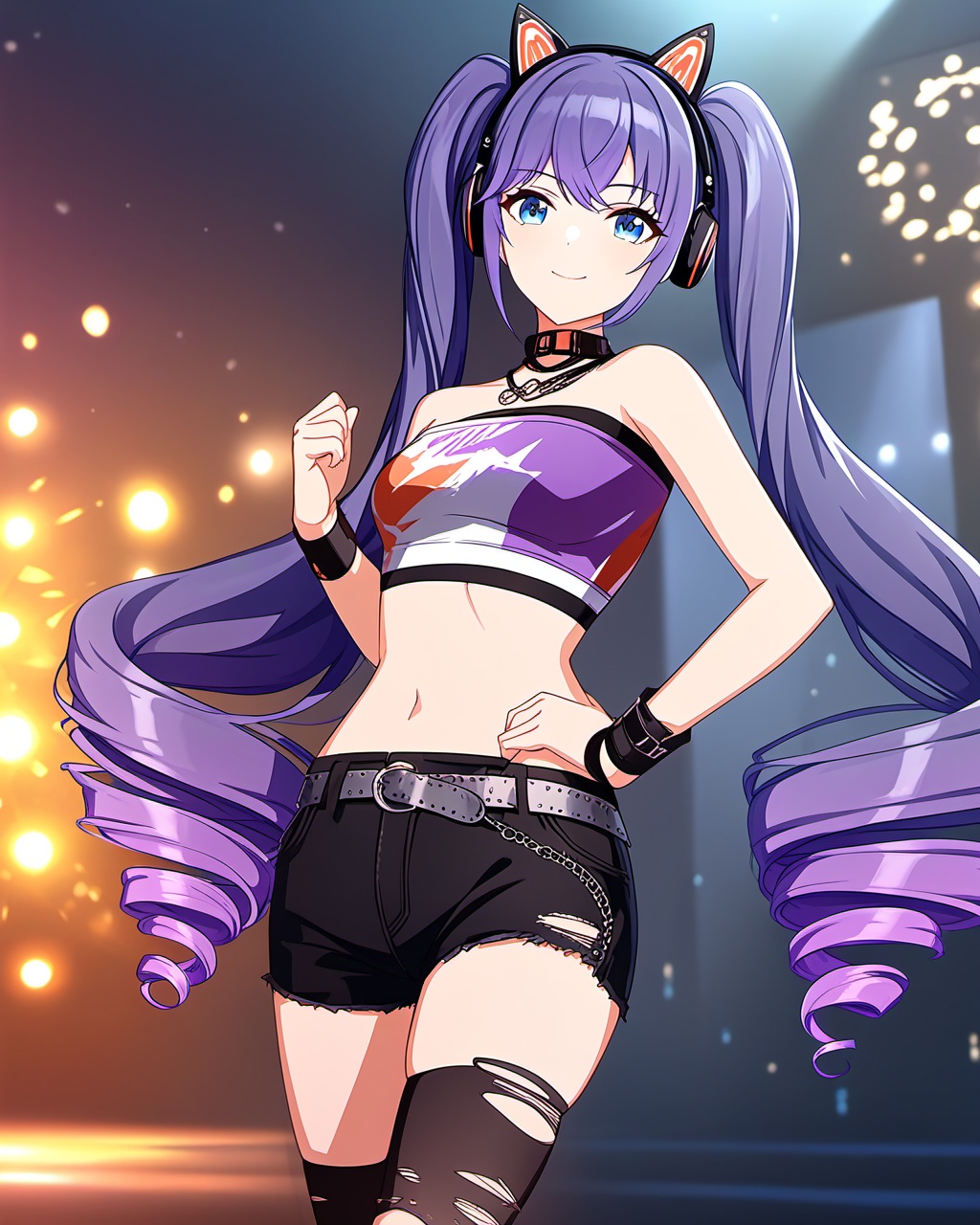 very aesthetic,aesthetic,amazing quality,best quality,hight,hight quality,masterpiece,highres BREAKbeautiful eyes,luminous eyes,gentle eyes,<lora:xiangwan-asoul-a3d:0.6>,ray tracing,very aesthetic,aesthetic,amazing quality,best quality,hight,hight quality,masterpiece,highres BREAK Volumetric Lighting,Cinematic Lighting,background light,moody lighting,dusk,1girl,solo,long hair,twintails,very long hair,blue eyes,purple hair,smile,fashion tube top,looking at viewer,animal ear headphones,black shorts,drill hair,midriff,standing,torn thighhighs,concert,<lora:snclstyle-A3:0.7>,snclstyle,blurry,depth_of_field,blurry_foreground,fantasy,floral_background,