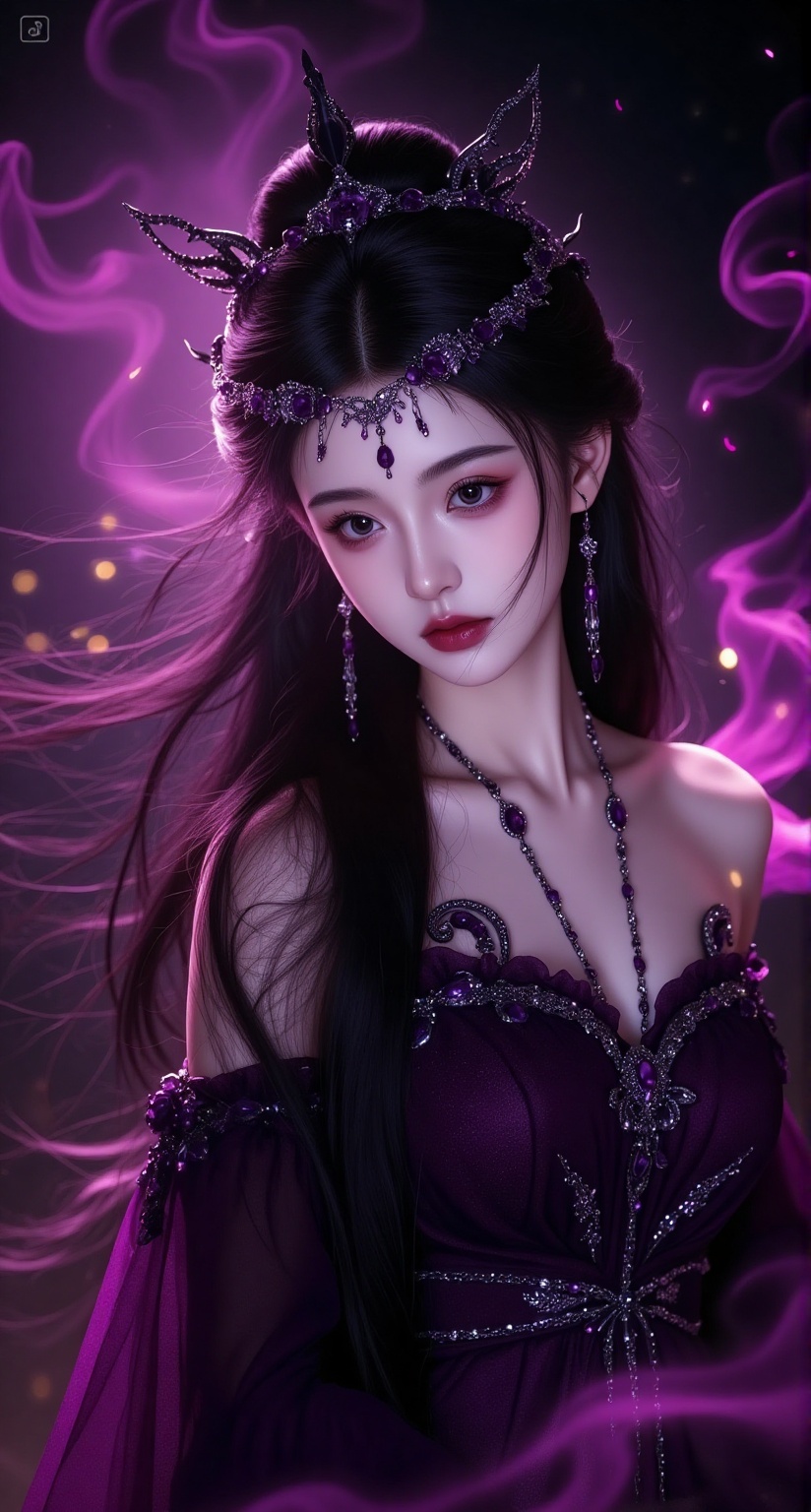 Purple Fairy,beauty,This is a highly detailed digital painting created in a fantasy art style, depicting a young woman with flowing black hair who wears an elaborate and ornate headdress and earrings. Her skin is pale, and her figure is slender and elegant. She is dressed in an exquisite deep purple gown with an elegant and gothic design. The dress is adorned with jeweled details inlaid with metal that catch the light, adding to its charm and otherworldly feel.The woman's expression is intense, with a slightly pursed mouth and deep, piercing eyes that seem to gaze into the distance. She is enveloped in a mysterious and ethereal atmosphere, created by swirling, smoky shades of purple and pink seamlessly blending with the dark tones in the background. The background itself is dark and blurred, with flickering lights enhancing the enigmatic ambiance.The overall composition and color palette evoke a sense of magic and allure, with the woman positioned at the focal point of the artwork, surrounded by a mysterious and almost dreamlike atmosphere.