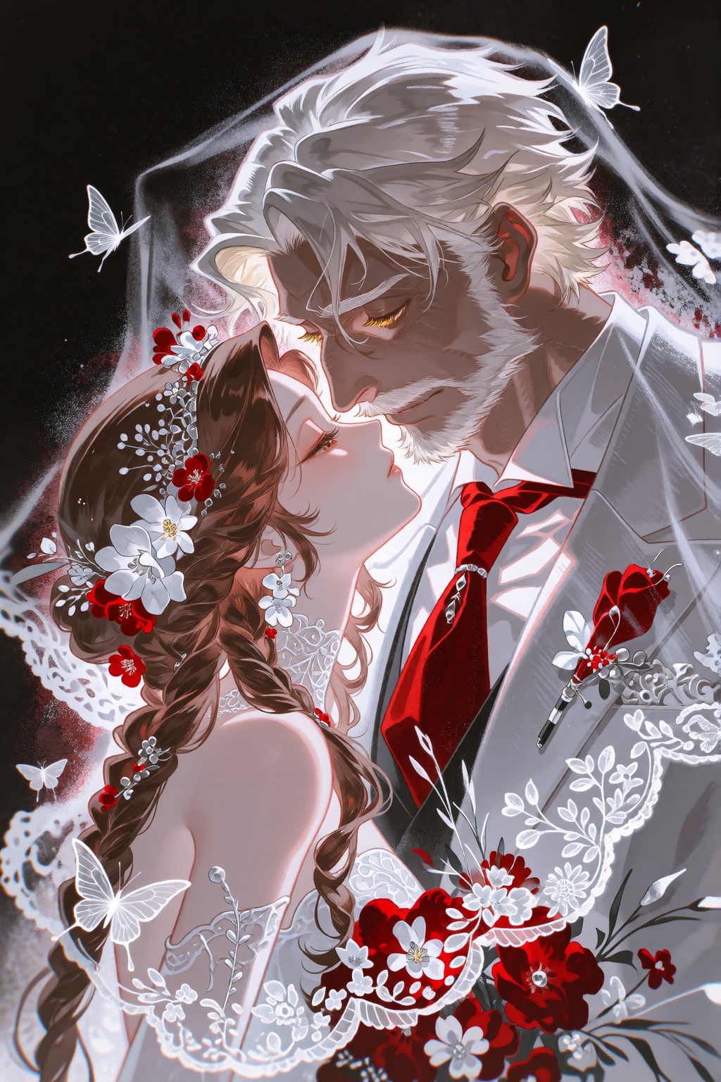 Poignant,  gothic wedding fantasy illustration wrapped in cinematic chiaroscuro,  rendered with delicate on Tensor.Art