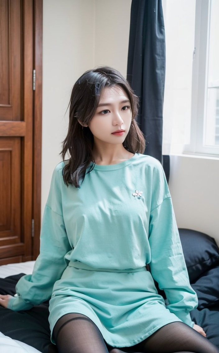 1girl,solo,red skirt,skirt,shirt,clothes lift,long sleeves,bed sheet,flowers,turquoise flowers,black pantyhose,<lora:TUIBUXIJIE:lbw=OUTS>,sitting sideways,