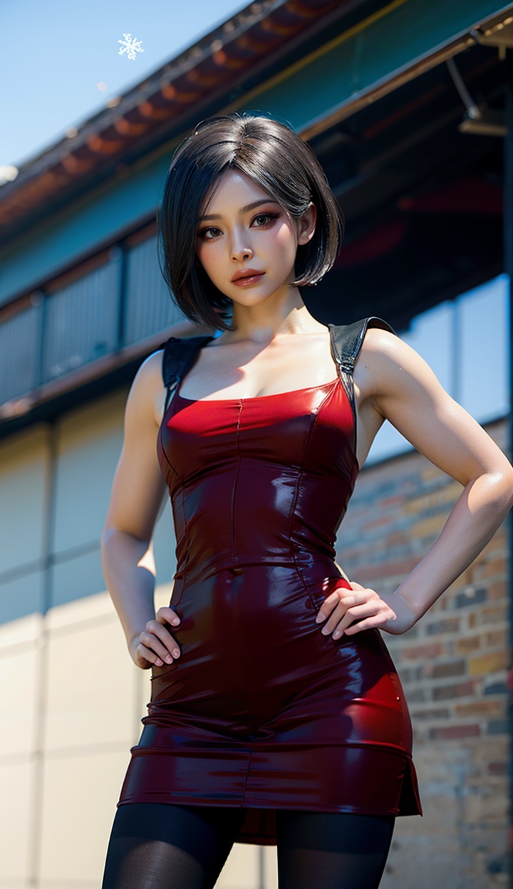 1girl,pantyhose,solo,short hair,red dress,brown eyes,hand on hip,black hair,looking at viewer,blurry background,standing,snowflakes,cowboy_shot,front view,ada wang,<lora:adawang-000005:0.7>,<lora:add_detail:0.3>,from_below,