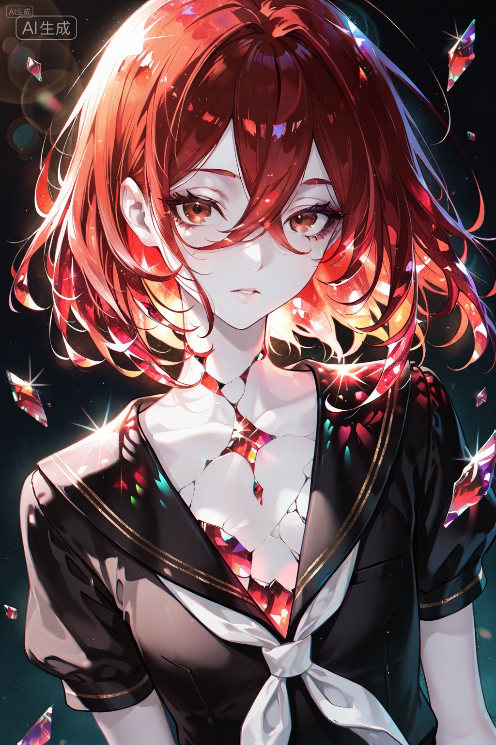 best_quality,masterpiece,(yoneyama mai:0.5),(WANKE:0.5),(noyu (noyu23386566):0.5),Cinnabar \(houseki no kuni\),solo,cute painting style,red hair,sparkly red eyes,(bare neck),pale skin,flat chest,seifuku,sailor school uniform,red gems,cracked gemstones,shards,luminescence,limited palette,neon,glowing outline,lens flare,sunny,sparkling,vivid colors reflects,light of particles,vibrant,colorful,dynamic angle,volumetric lighting,dark,intricate details,8k,wallpaper,professional illustration,, Negative prompt: (worst quality, low quality),deformed,distorted,disfigured,doll,poorly drawn,bad anatomy,wrong anatomy,sketch,jpeg artifacts,signature,watermark,artist name,old,oldest,poorly drawn hands,fused fingers,missing fingers,bad hands,mutated hands and fingers,malformed hands,,nsfw, Steps: 20, Sampler: Euler a, CFG scale: 7.0, Seed: 425154378, Size: 1024x1536, Model hash: e62cd982e2, Model: 崩坏彩涂_1.0.safetensors, Denoising strength: 0.0, Clip skip: 2, ENSD: 31337, RNG: CPU, vae_name: automatic