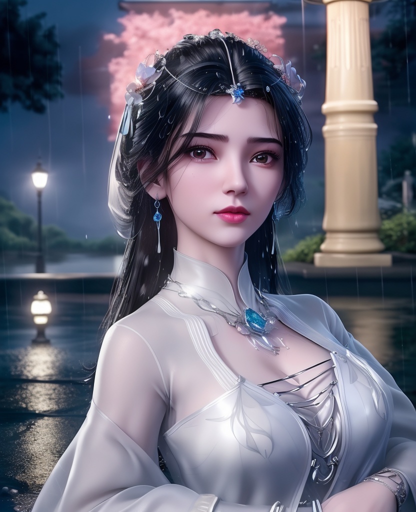 <lora:607-DA-仙逆-李慕婉-**:0.8>(,1girl, ,best quality, ),looking at viewer, ,ultra detailed 8k cg, ultra detailed background,  ultra realistic 8k cg,          cinematic lighting, cinematic bloom, (( , )),,  , unreal, science fiction,  luxury, jewelry, diamond, pearl, gem, sapphire, ruby, emerald, intricate detail, delicate pattern, charming, alluring, seductive, erotic, enchanting, hair ornament, necklace, earrings, bracelet, armlet,halo,masterpiece, (( , )),,  ,cherry blossoms,(((, night,night sky,lamppost,  ultra high res, (photorealistic:1.4), raw photo, 1girl, , rain, sweat, ,wet, )))(( , ))   (cleavage), (),