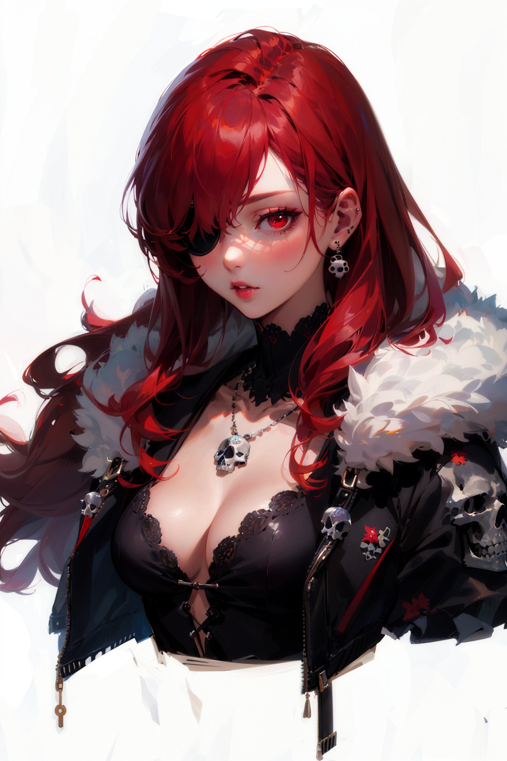 (best quality), ((masterpiece)), (highres), illustration, original, extremely detailed,1girl, solo, eyepatch, jewelry, long hair, breasts, red eyes, necklace, red hair, cleavage, skull, jacket, medium breasts, white background, fur trim, upper body, wristband, simple background