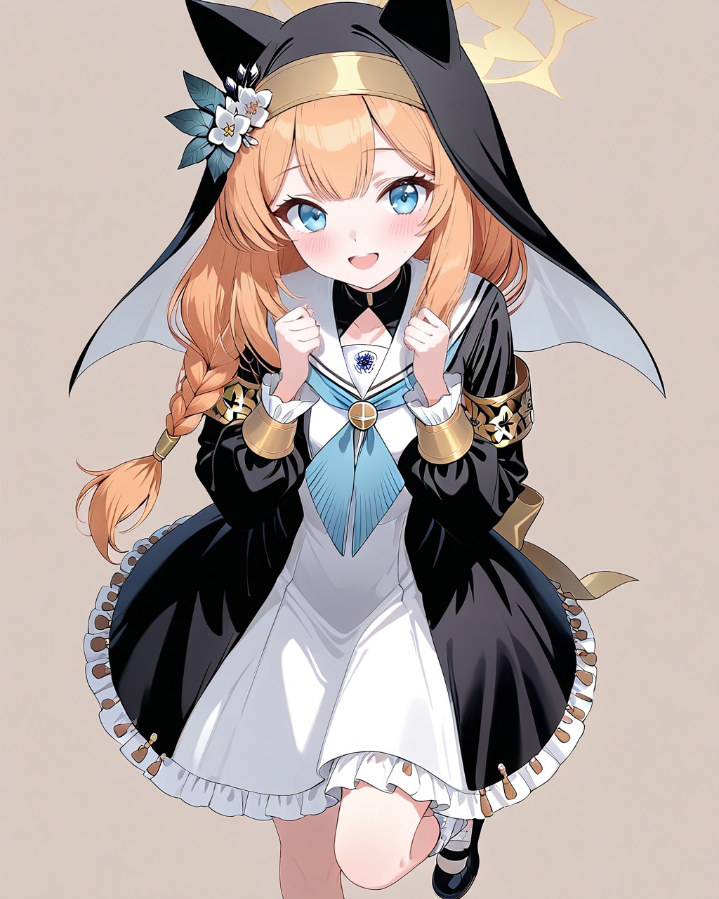 O,Five fingers,mari (blue archive),1girl, mari (blue archive), solo, animal ear headwear, halo, orange hair, blue eyes, braid, flower, long hair, white background, nun, simple background, hat flower, single braid, neckerchief, full body, sailor collar, looking at viewer, black footwear, bangs, own hands together, habit, frills, smile, shoes, long sleeves, blue neckerchief, white flower, socks, dress, open mouth, standing, armband, hat, white sailor collar, standing on one leg, puffy sleeves, white socks, mary janes, blush,(UHD),anatomically correct,accurate,textured skin,super detail,high details,award winning,best quality,high quality,retina,HD,16k,1080P,